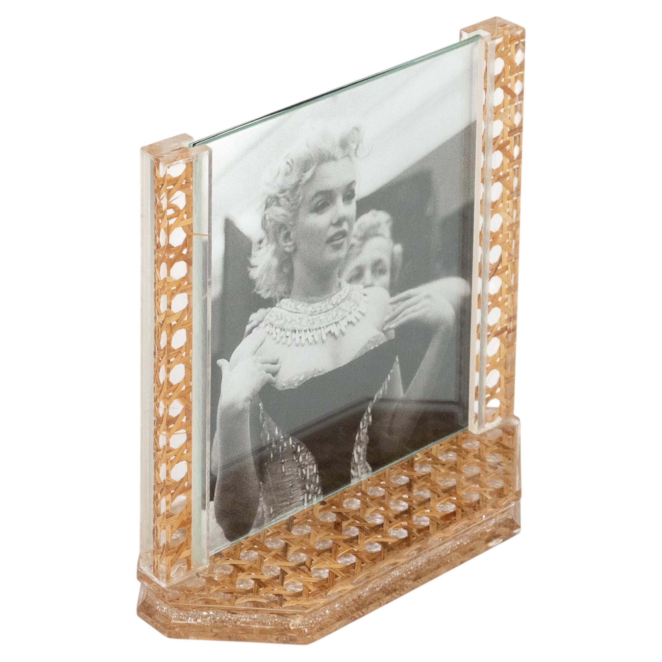 Midcentury Lucite & Rattan Picture Frame Christian Dior Home Style, Italy 1970s