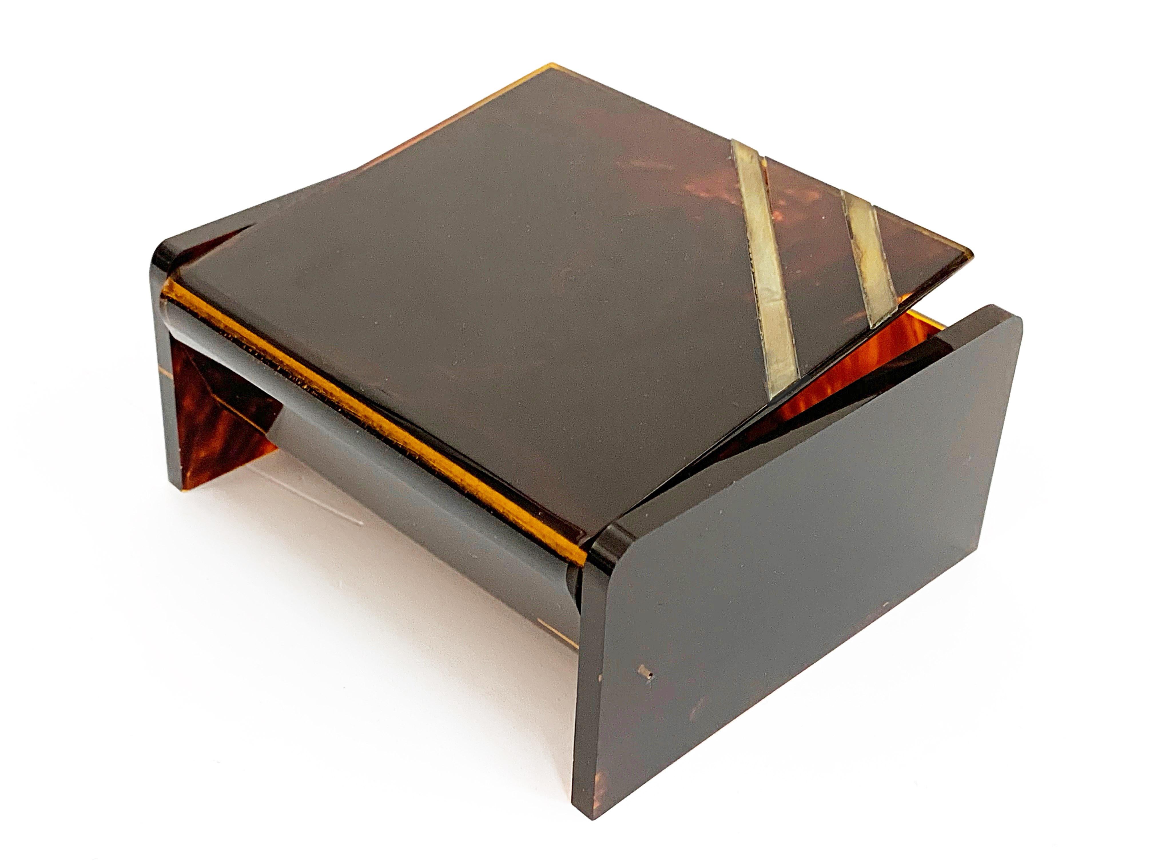 French Midcentury Lucite, Tortoise Plexiglass and Brass Christian Dior Jewelry Box 1970 For Sale