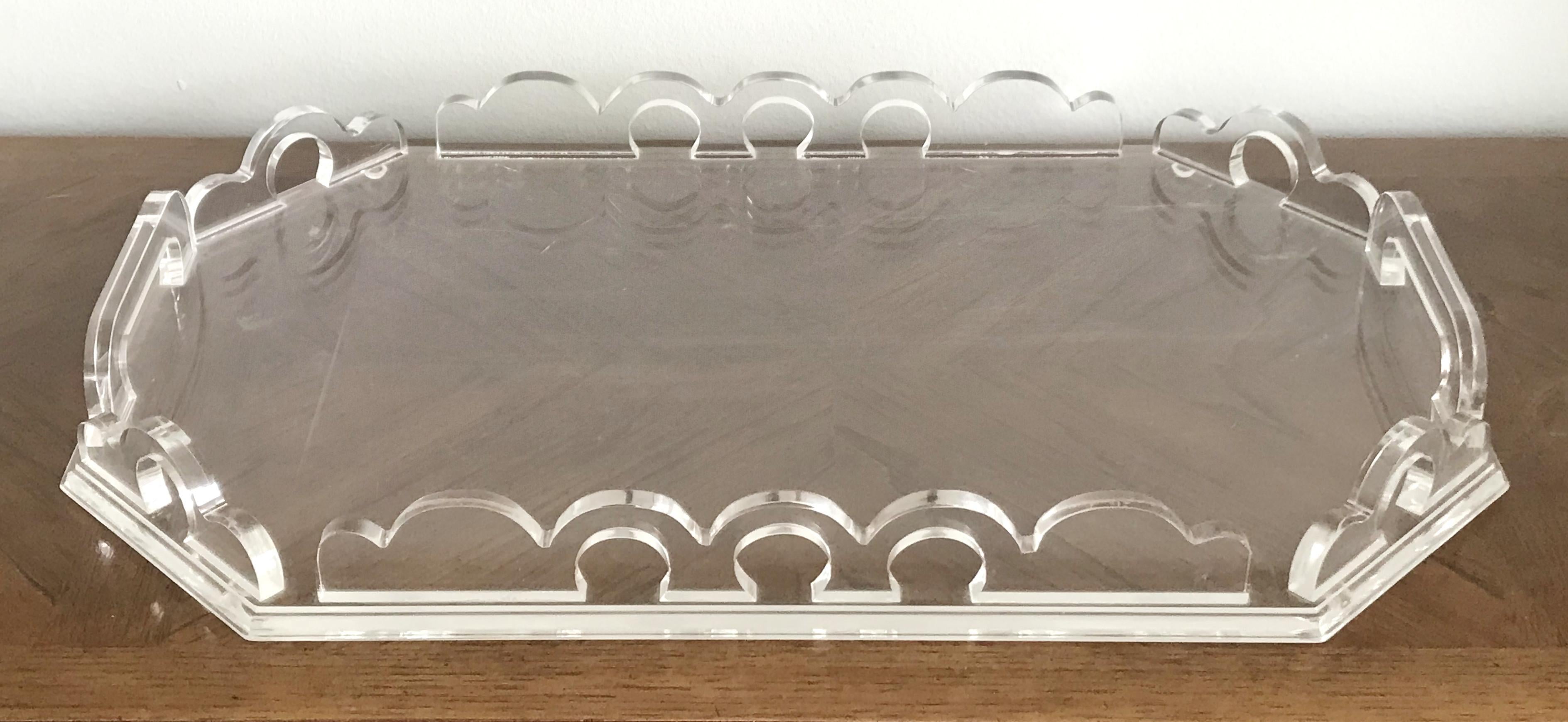 Vintage serving tray with handles entirely made of lucite / Made in the USA, circa 1970s
Measures: width 25.5 inches, depth 16 inches, height 2.5 inches 
1 in stock in Palm Springs ON 50% OFF SALE for $449 !!!
Order reference #: FABIOLTD G192
This