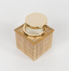 Midcentury Lucite, Wicker and Brass Ice Bucket Christian Dior Style, Italy 1970s
