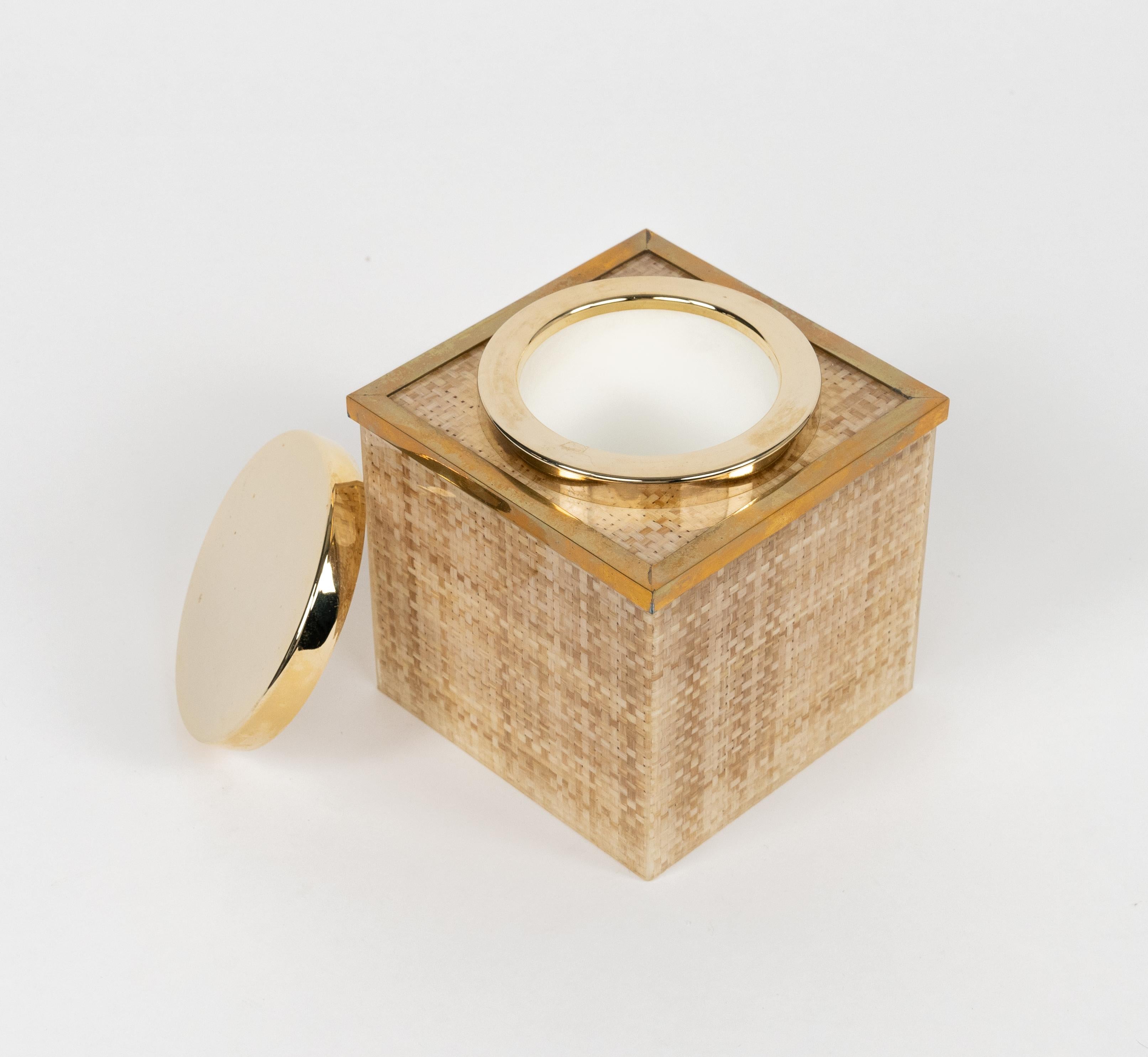 Mid-Century Modern Midcentury Lucite, Wicker and Brass Ice Bucket Christian Dior Style, Italy 1970s For Sale