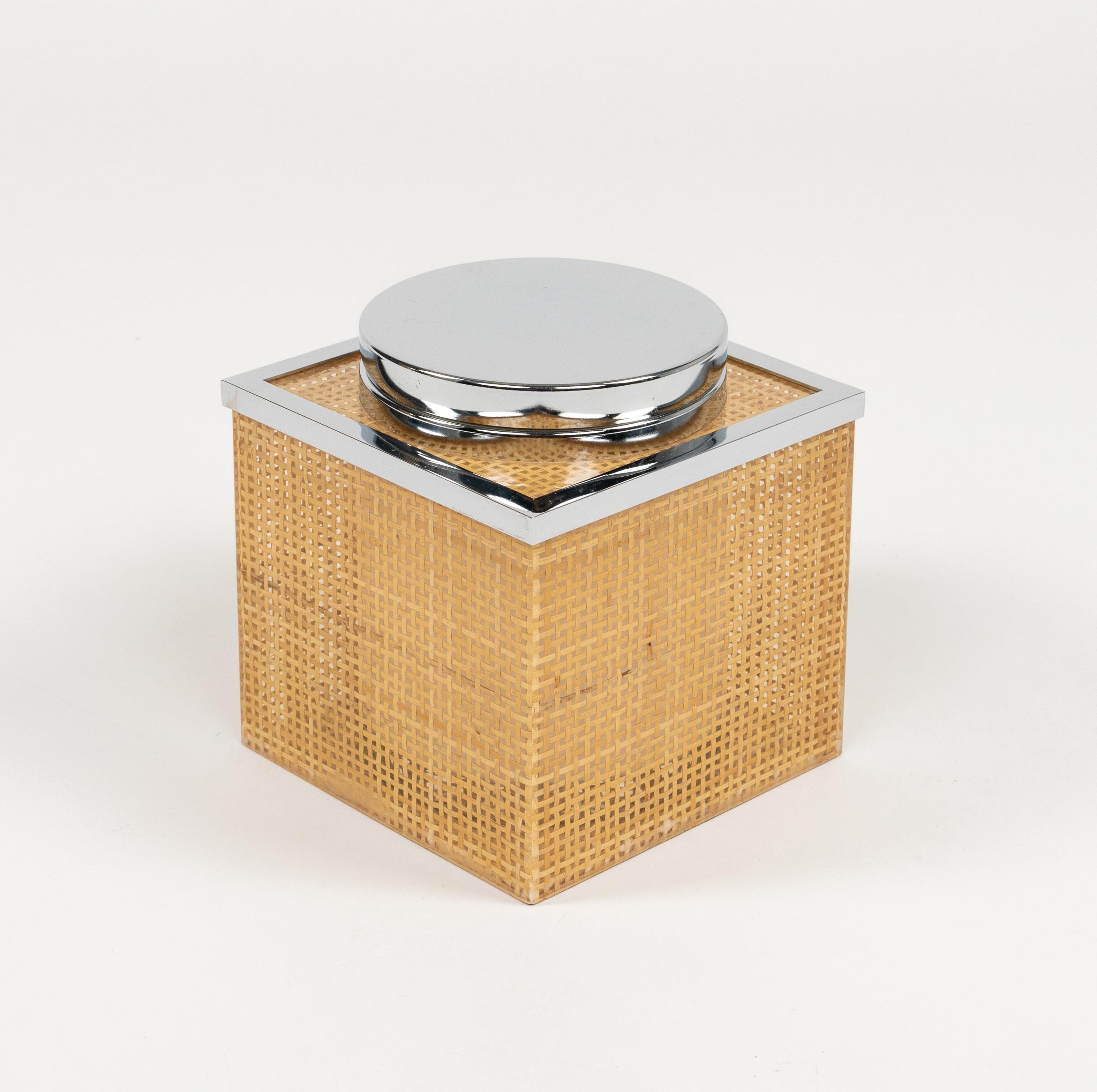 Midcentury Lucite, Wicker & Chrome Ice Bucket Christian Dior Style, Italy 1970s For Sale 4