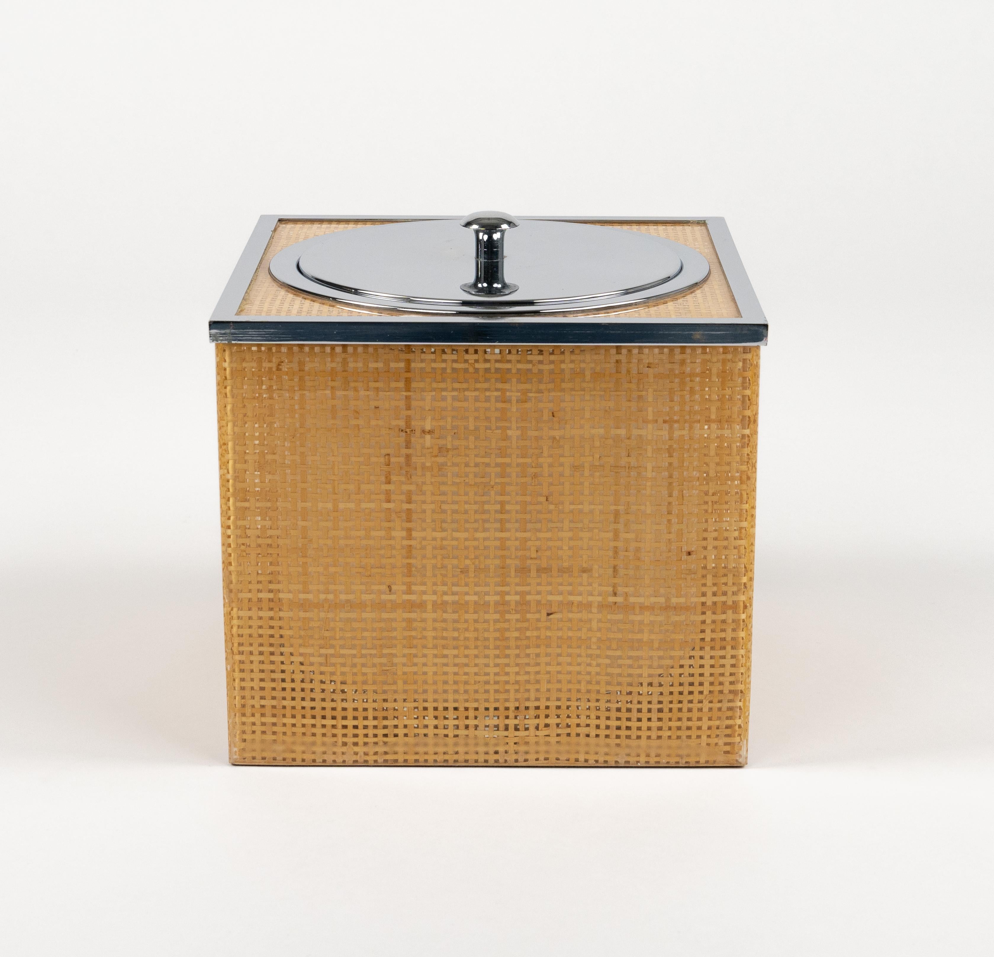 Midcentury Lucite, Wicker & Chrome Ice Bucket Christian Dior Style, Italy 1970s For Sale 6