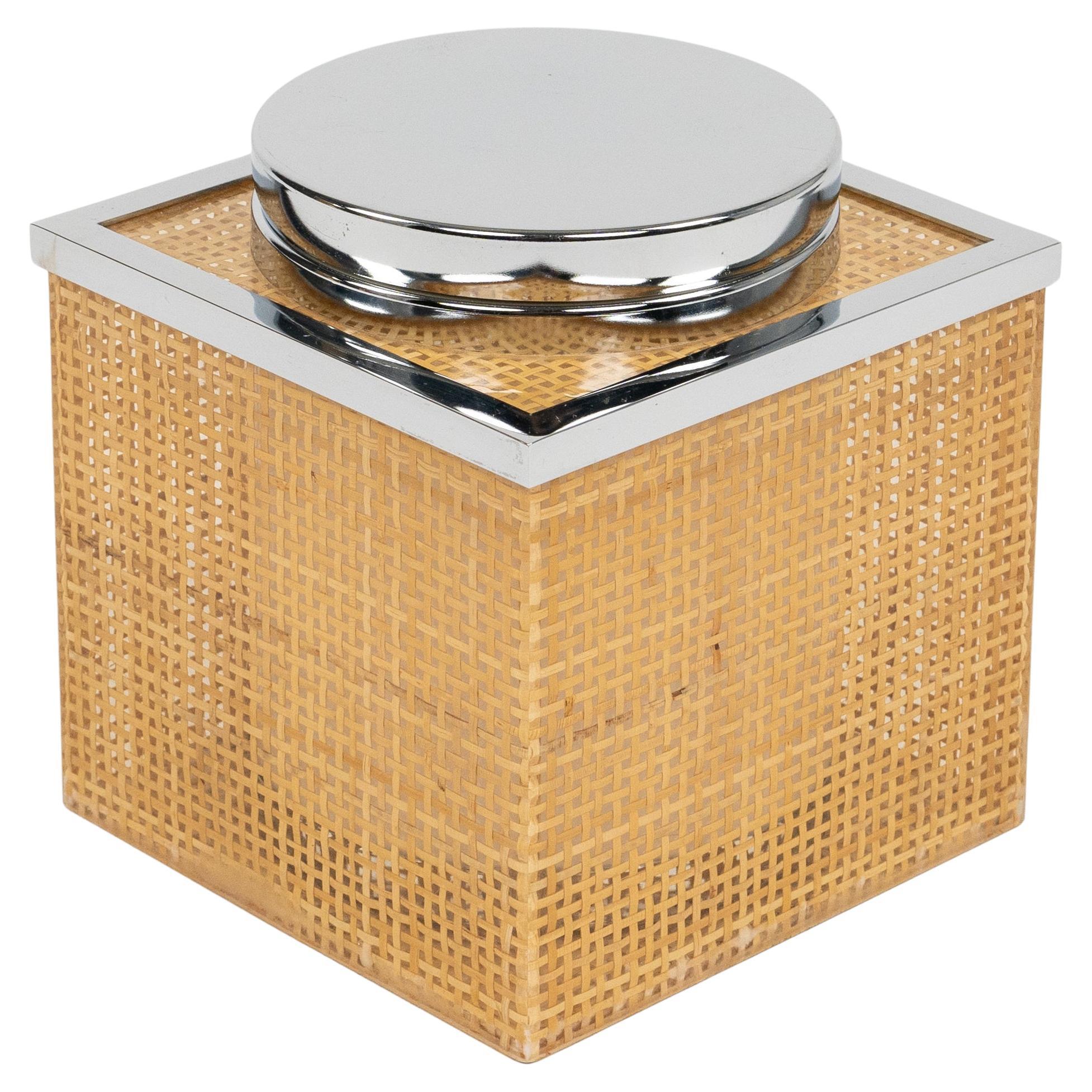 Midcentury Lucite, Wicker & Chrome Ice Bucket Christian Dior Style, Italy 1970s For Sale 8