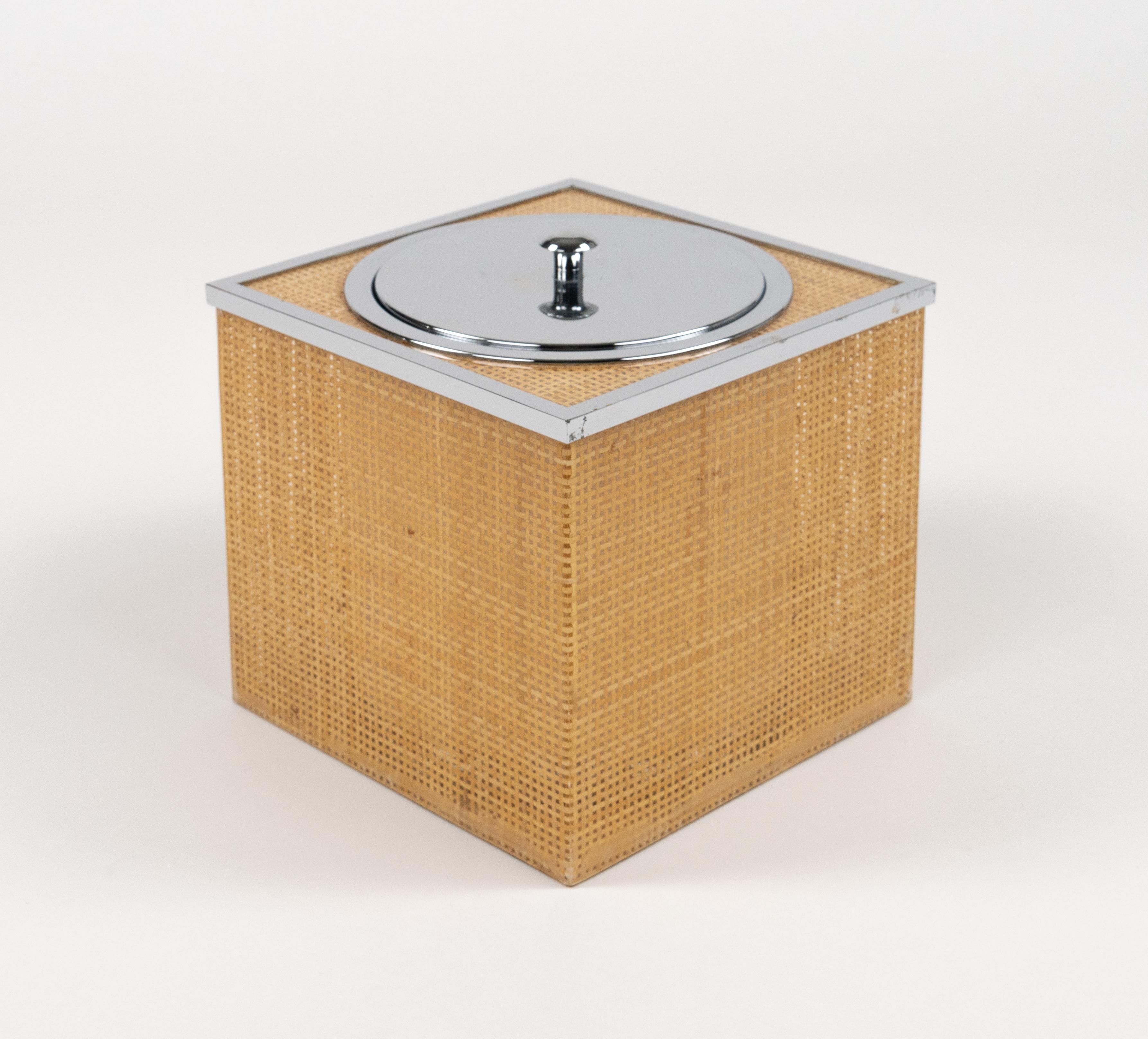 Mid-Century Modern Midcentury Lucite, Wicker & Chrome Ice Bucket Christian Dior Style, Italy 1970s For Sale