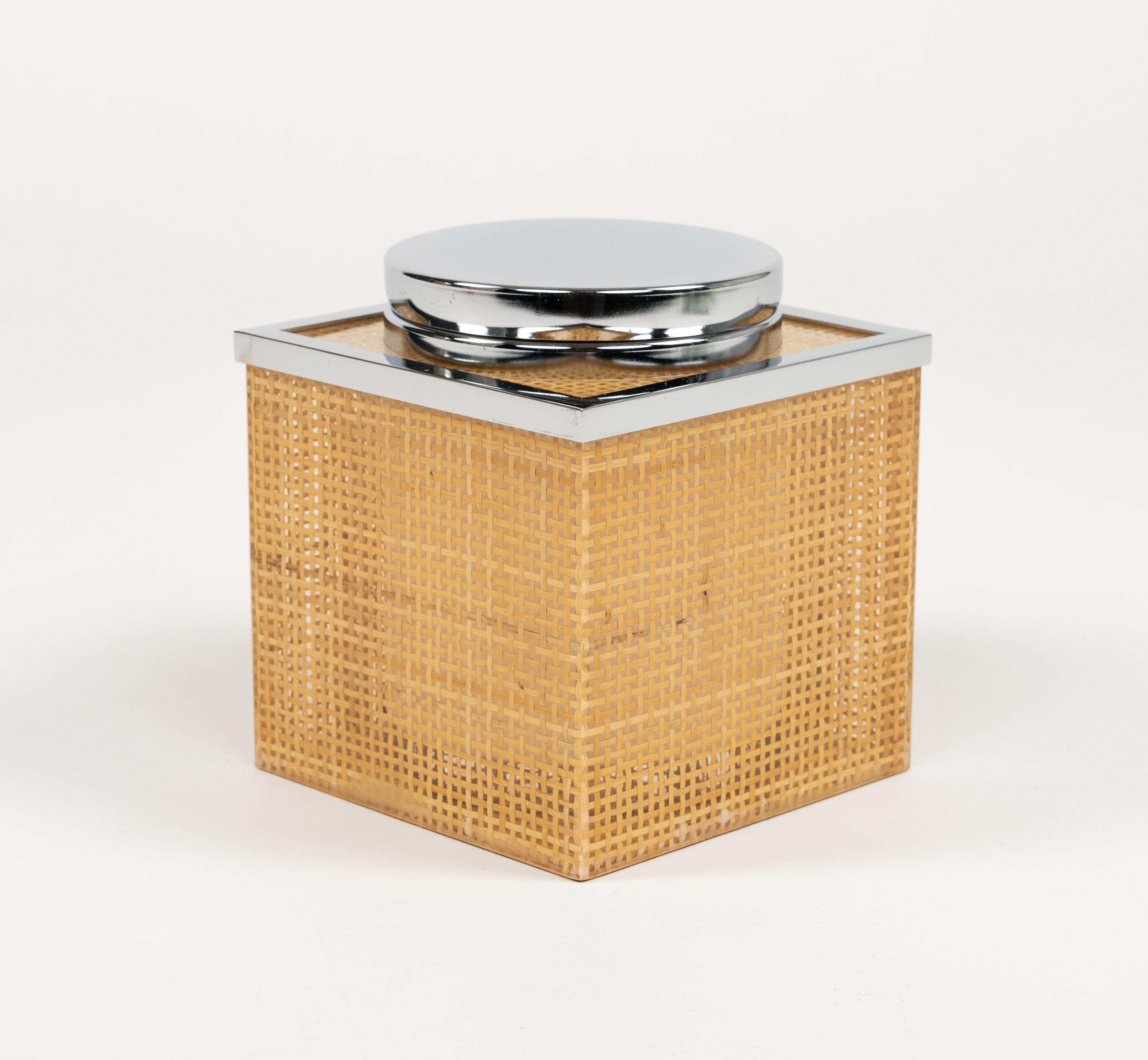 Mid-Century Modern Midcentury Lucite, Wicker & Chrome Ice Bucket Christian Dior Style, Italy 1970s For Sale