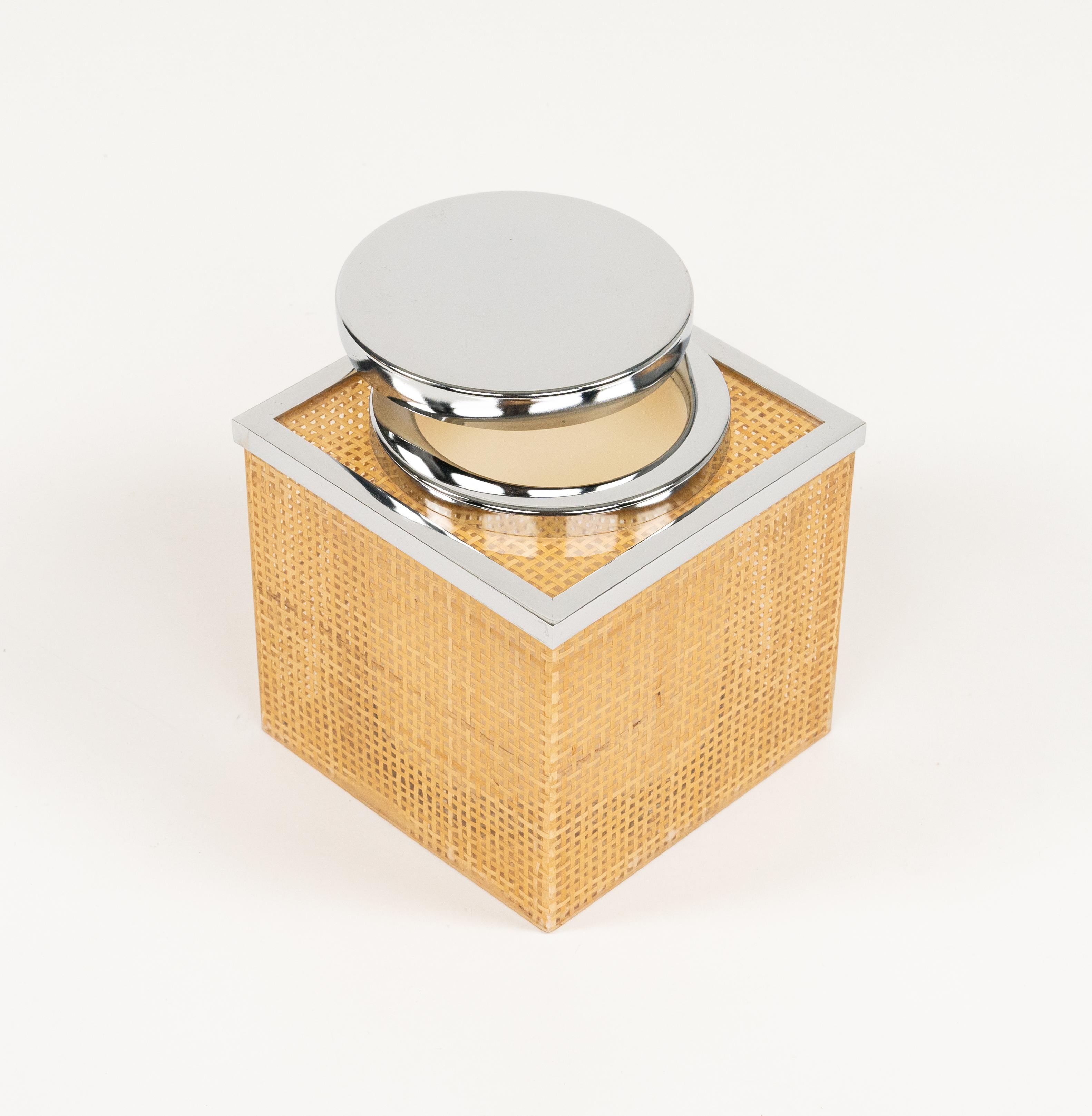 Italian Midcentury Lucite, Wicker & Chrome Ice Bucket Christian Dior Style, Italy 1970s For Sale