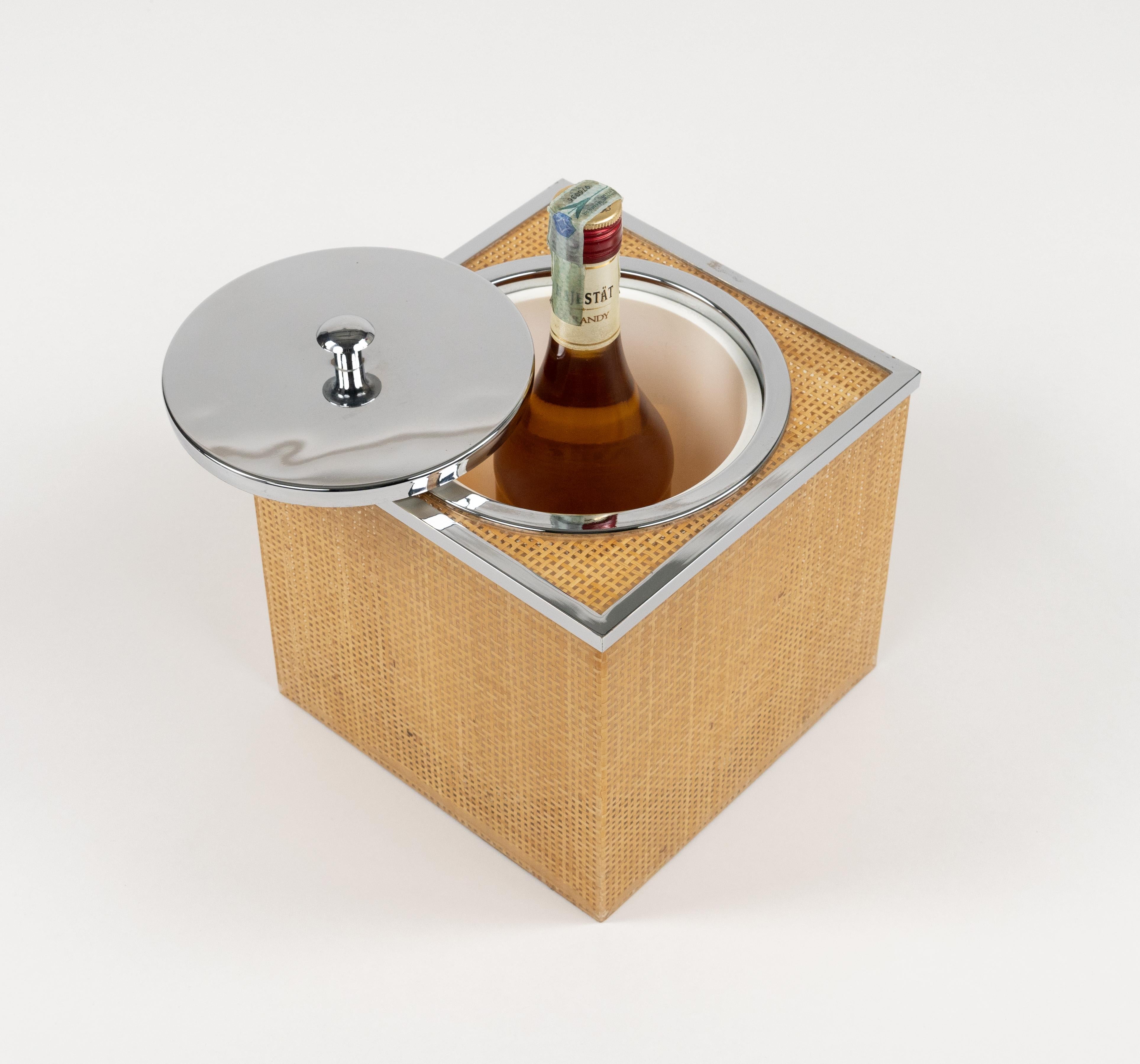 Late 20th Century Midcentury Lucite, Wicker & Chrome Ice Bucket Christian Dior Style, Italy 1970s For Sale