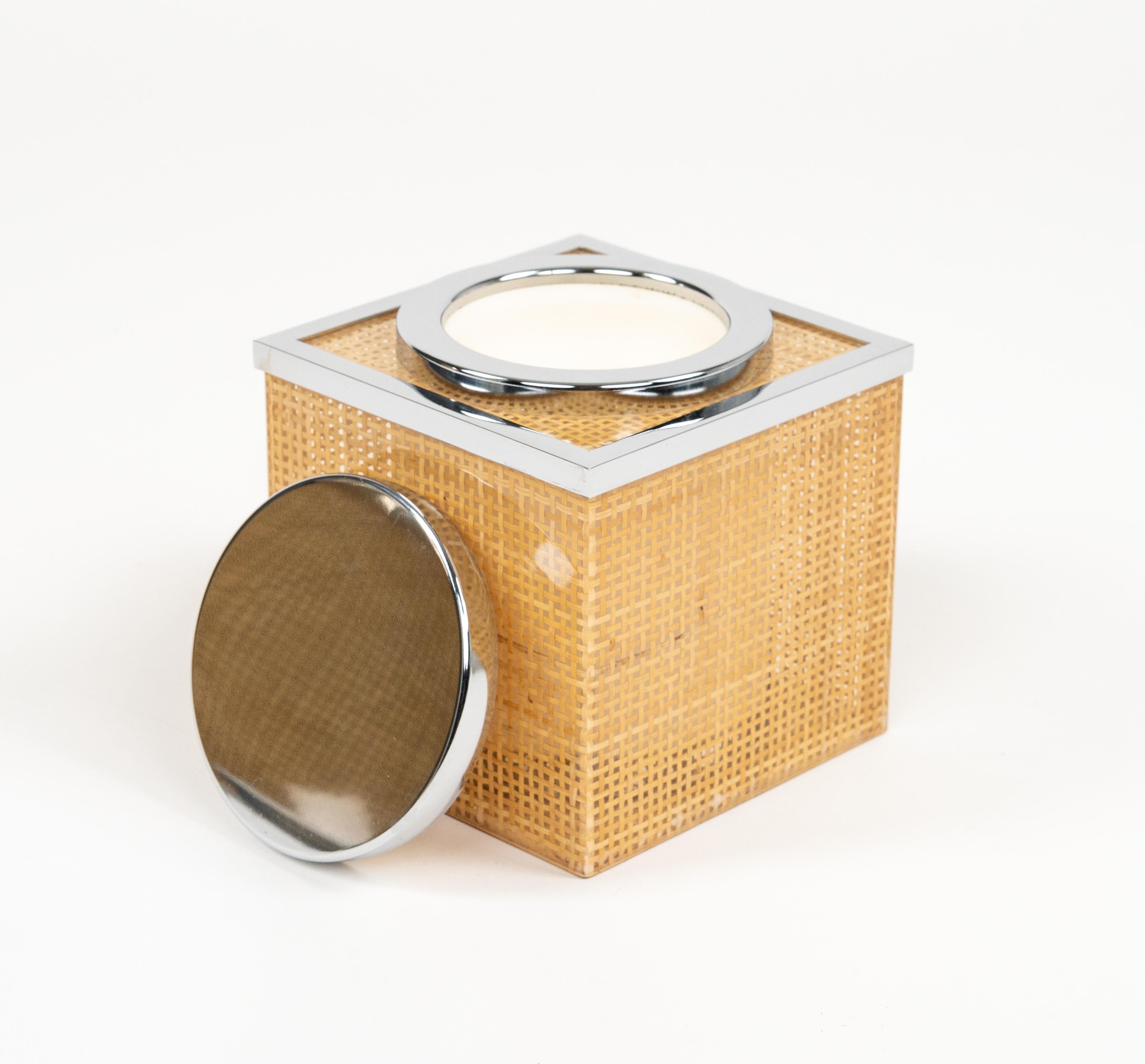 Late 20th Century Midcentury Lucite, Wicker & Chrome Ice Bucket Christian Dior Style, Italy 1970s For Sale