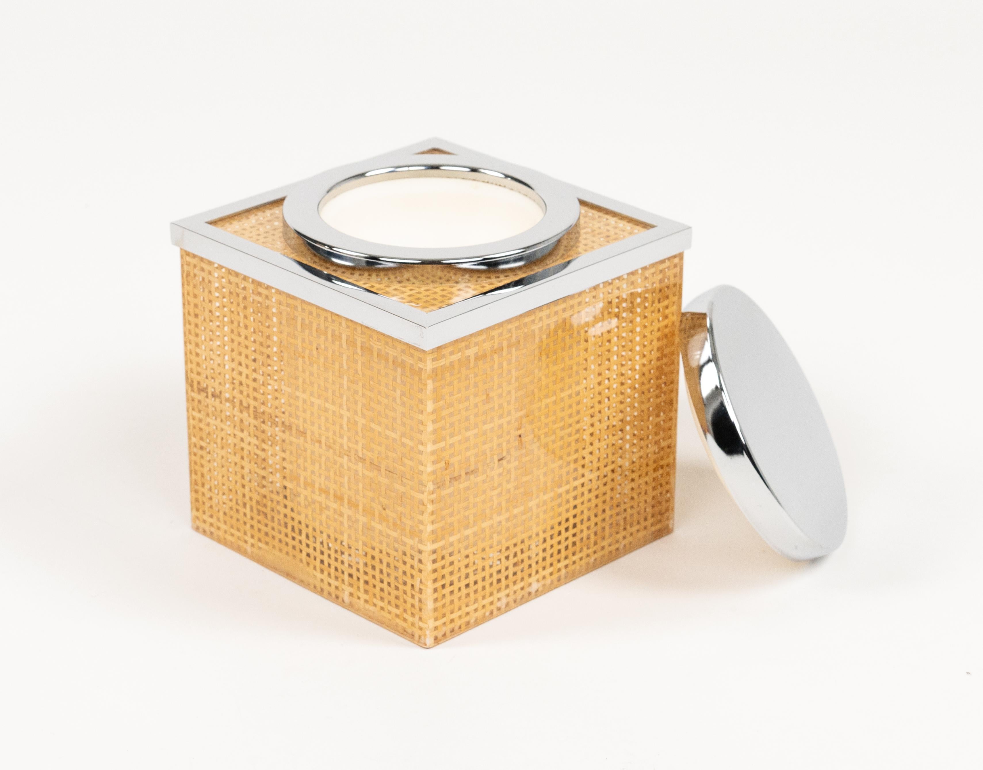 Metal Midcentury Lucite, Wicker & Chrome Ice Bucket Christian Dior Style, Italy 1970s For Sale