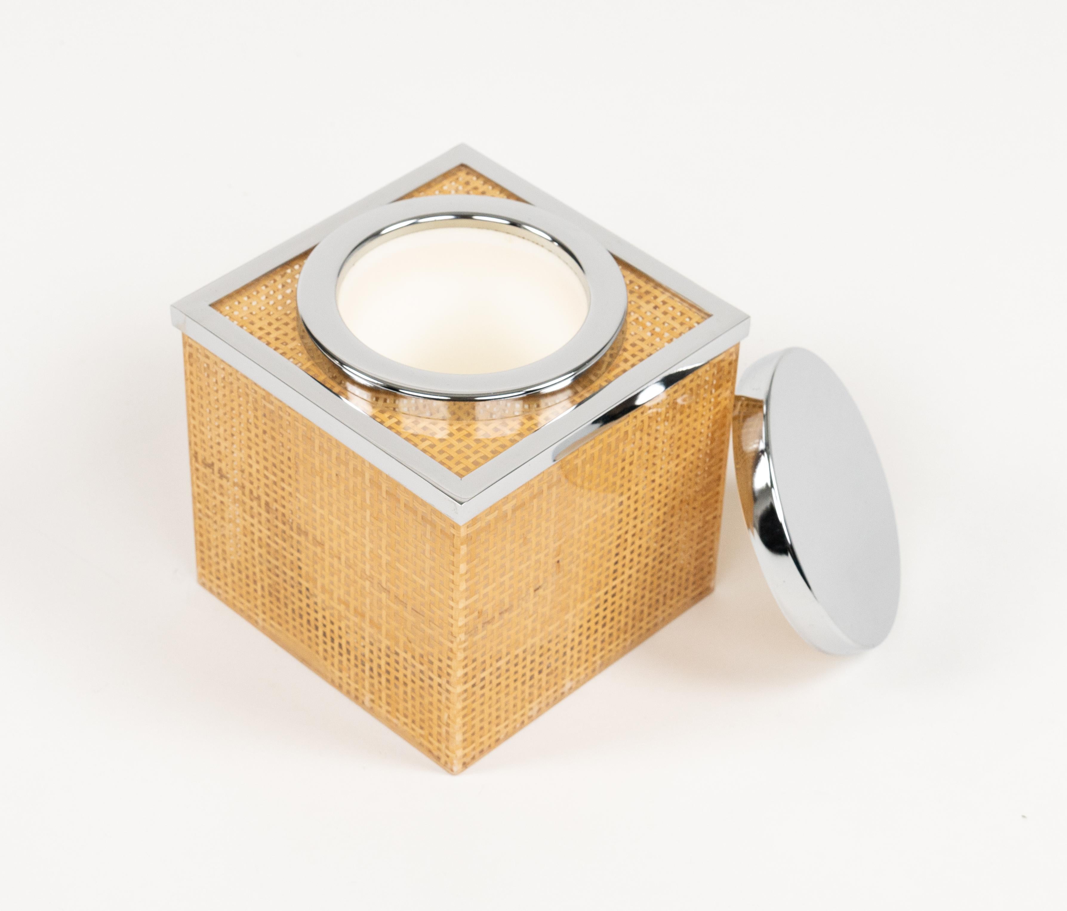 Midcentury Lucite, Wicker & Chrome Ice Bucket Christian Dior Style, Italy 1970s For Sale 1