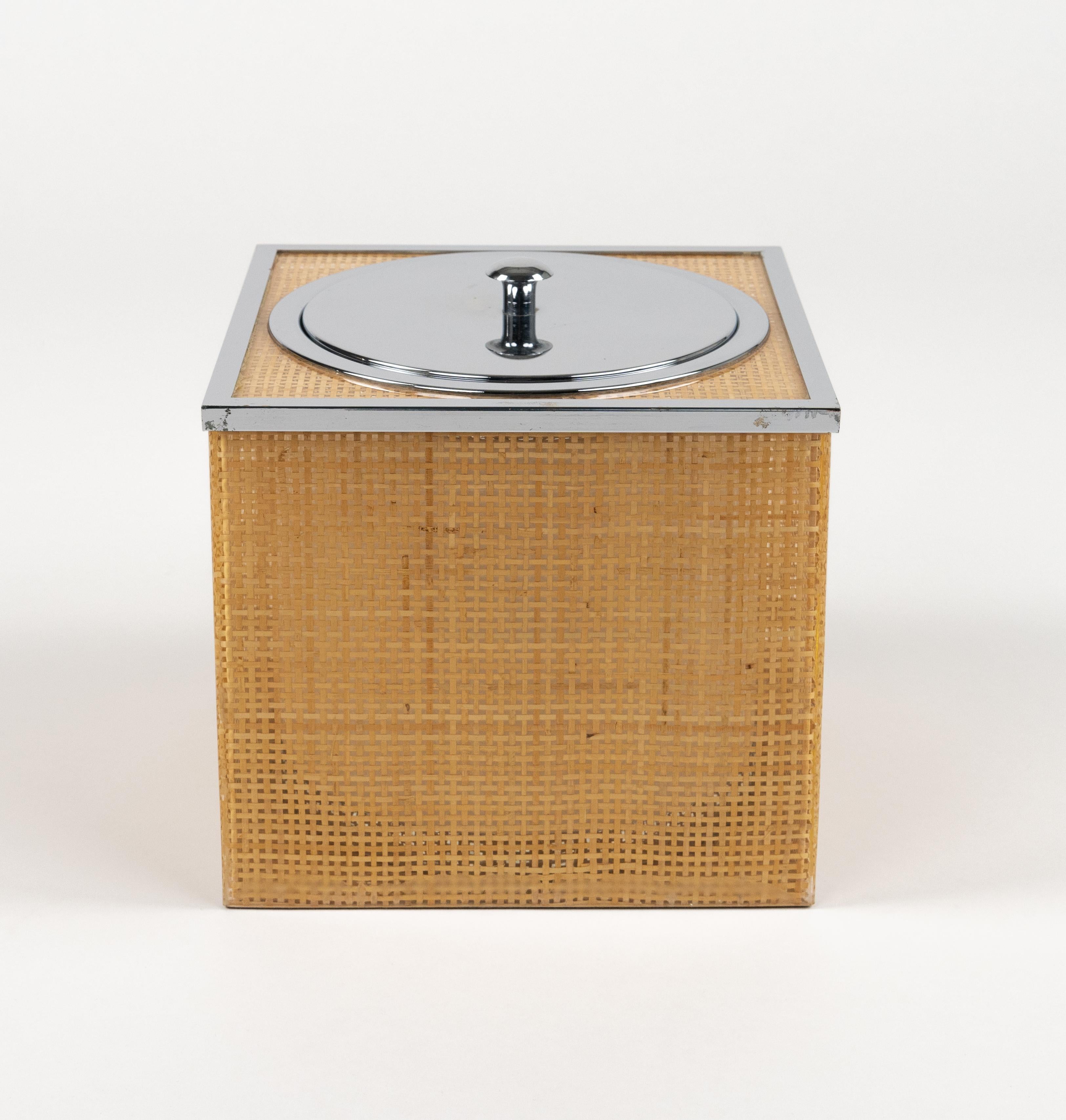 Midcentury Lucite, Wicker & Chrome Ice Bucket Christian Dior Style, Italy 1970s For Sale 2