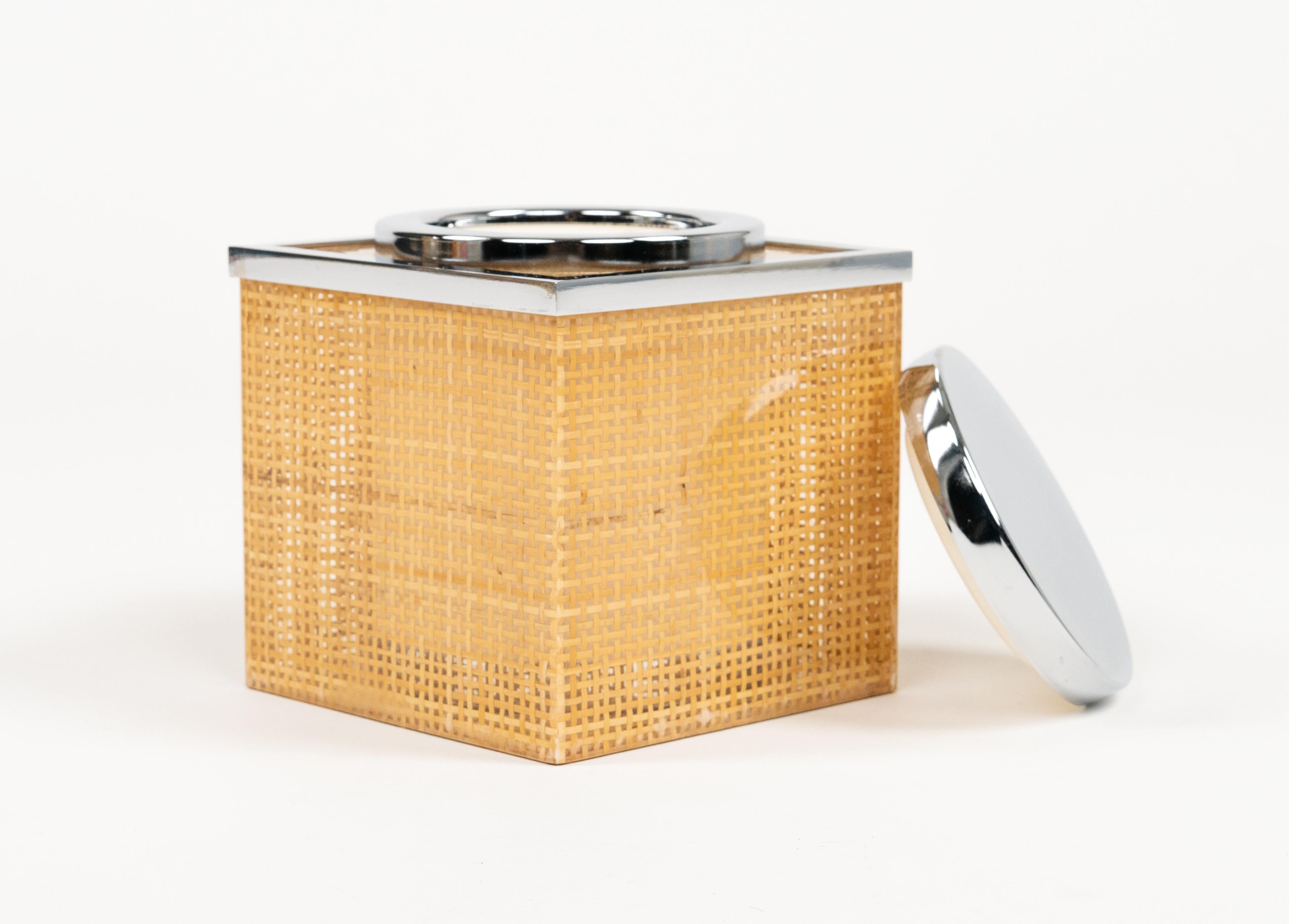 Midcentury Lucite, Wicker & Chrome Ice Bucket Christian Dior Style, Italy 1970s For Sale 2