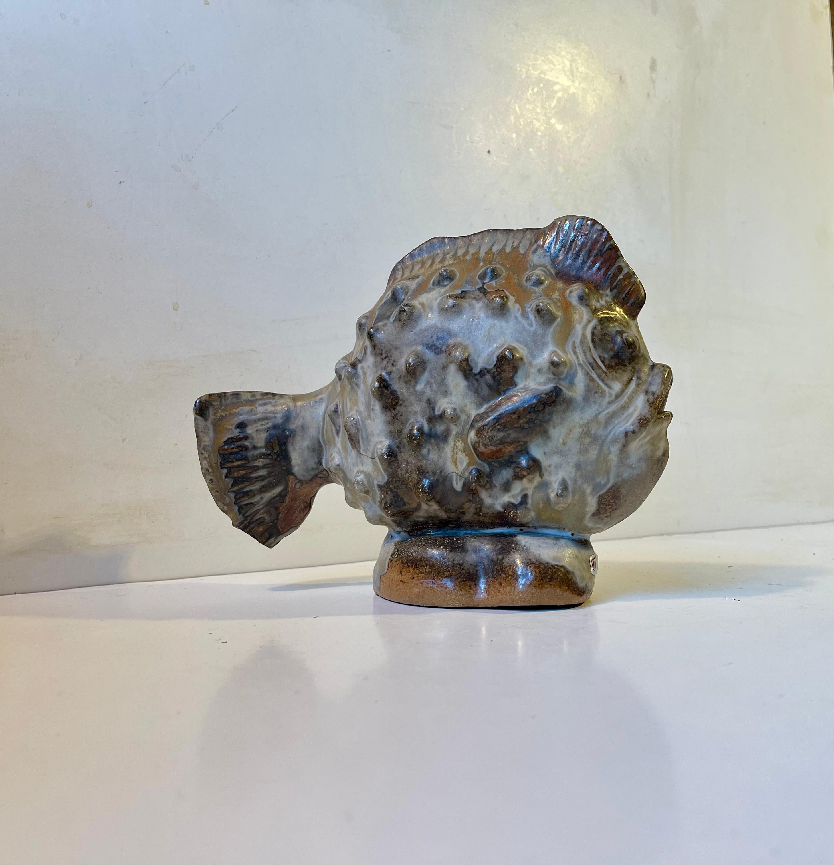 Robusto, paffuto e affascinante pesce grumo (Cyclopterus) in gres smaltato. Colore marrone terroso, grigio e naturalmente percepito. Eseguito da Axella in Danimarca nel 1970 circa. Misure: L: 21 cm, H: 18 cm, D: 8 cm.