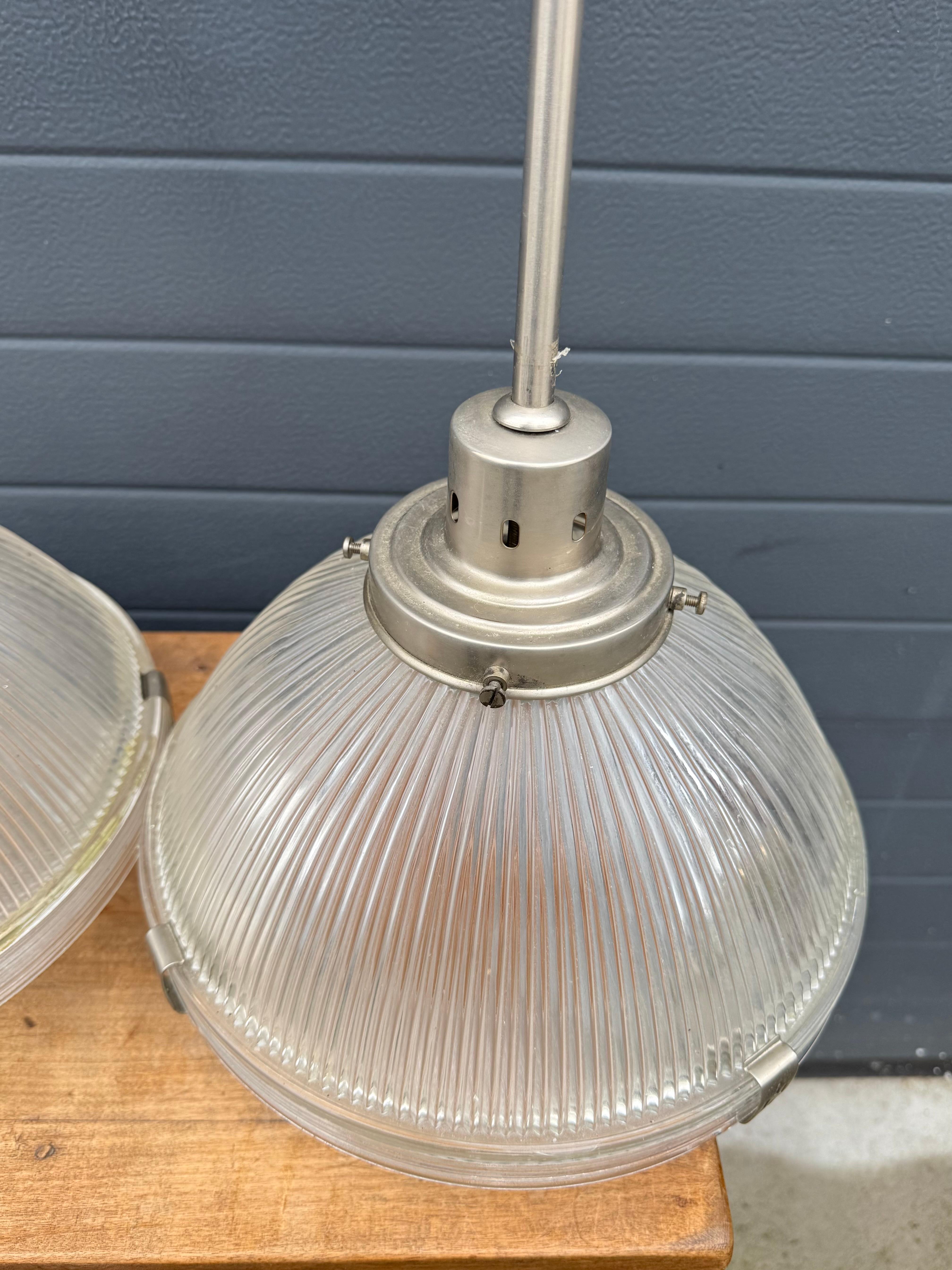 Midcentury M. Brass & Glass Holophane Art Deco Style Pendant Light, 5 Available For Sale 4