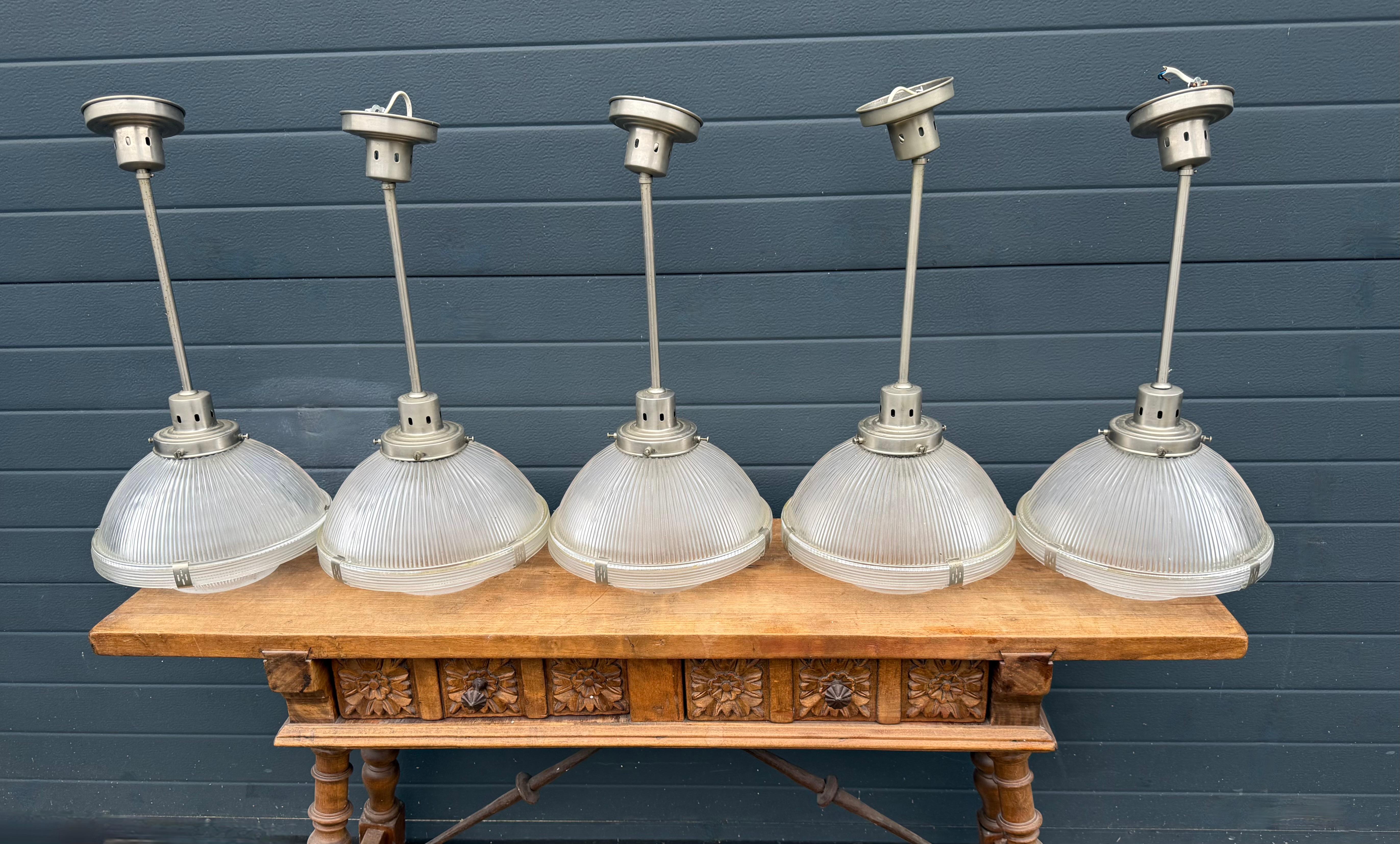 Midcentury M. Brass & Glass Holophane Art Deco Style Pendant Light, 5 Available For Sale 5