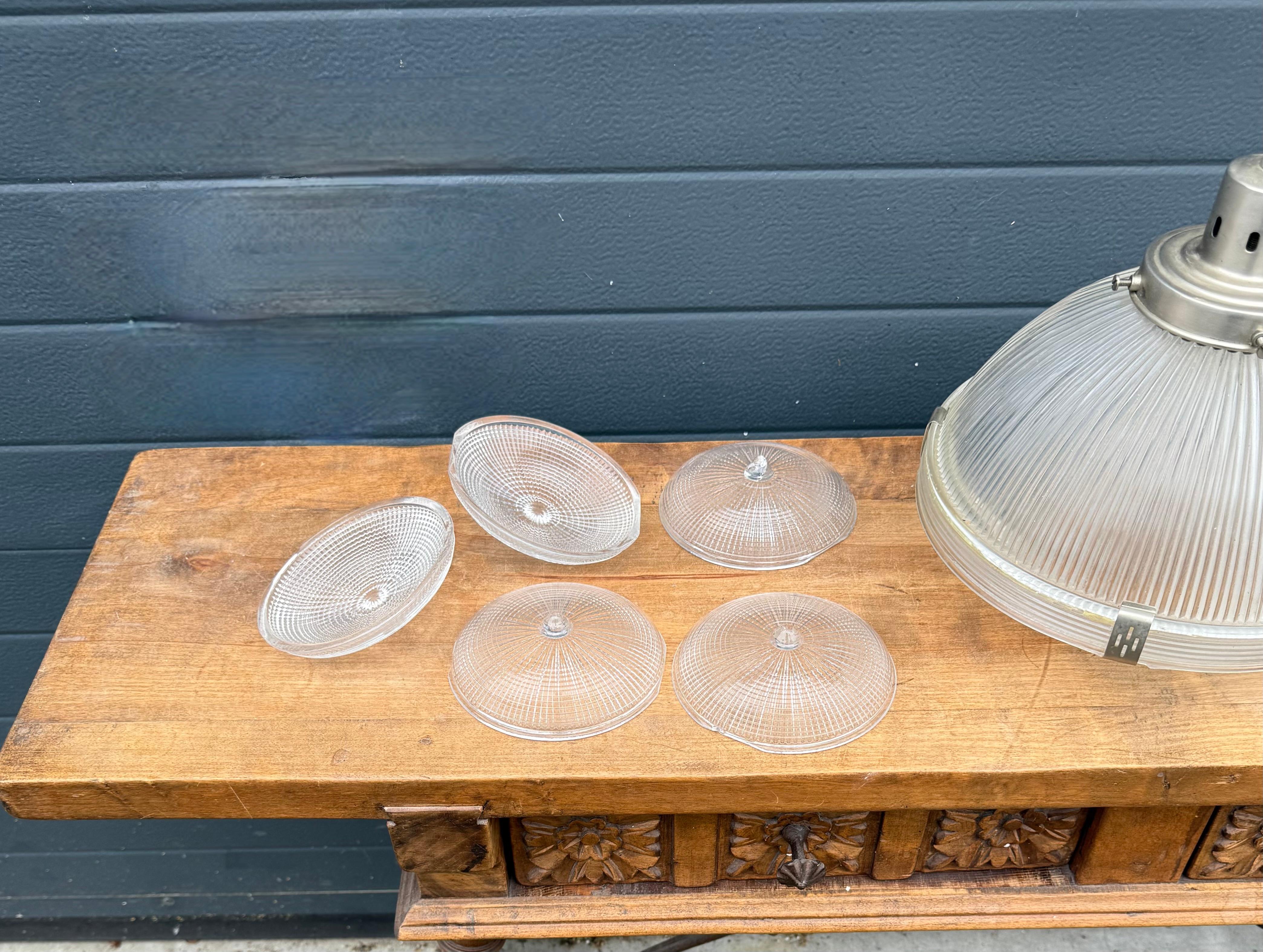Midcentury M. Brass & Glass Holophane Art Deco Style Pendant Light, 5 Available For Sale 8
