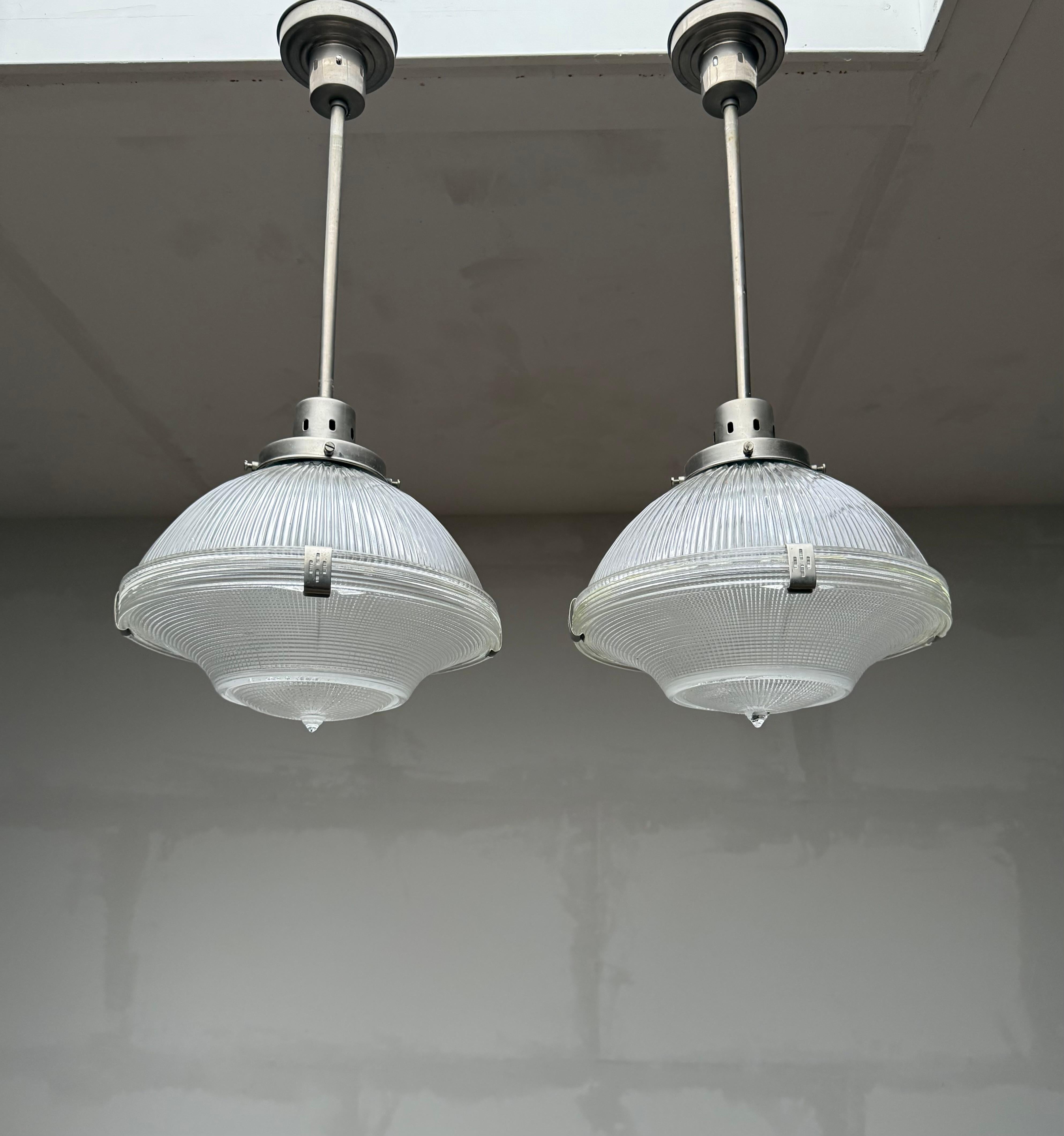Midcentury M. Brass & Glass Holophane Art Deco Style Pendant Light, 5 Available For Sale 9