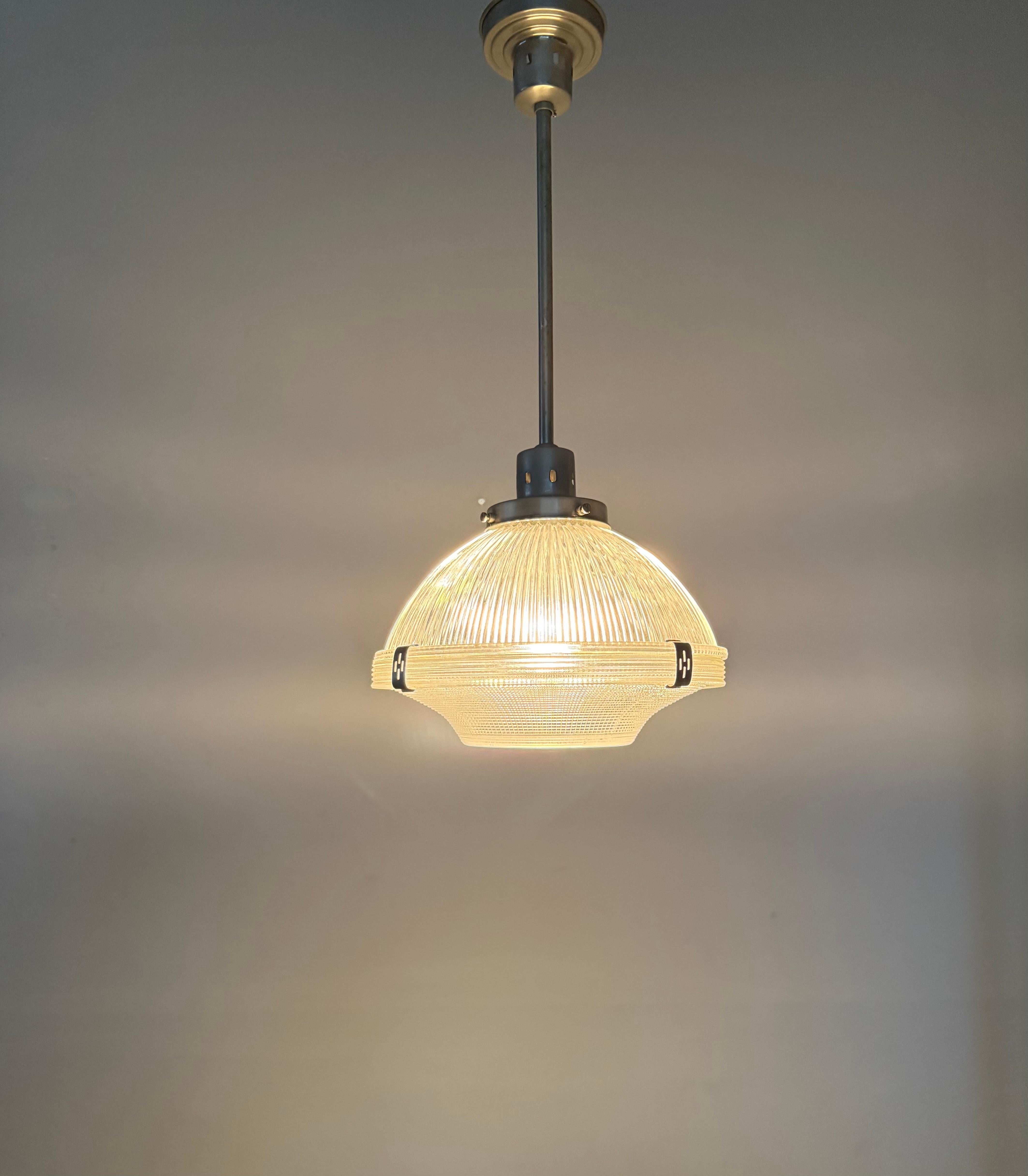 Midcentury M. Brass & Glass Holophane Art Deco Style Pendant Light, 5 Available For Sale 10