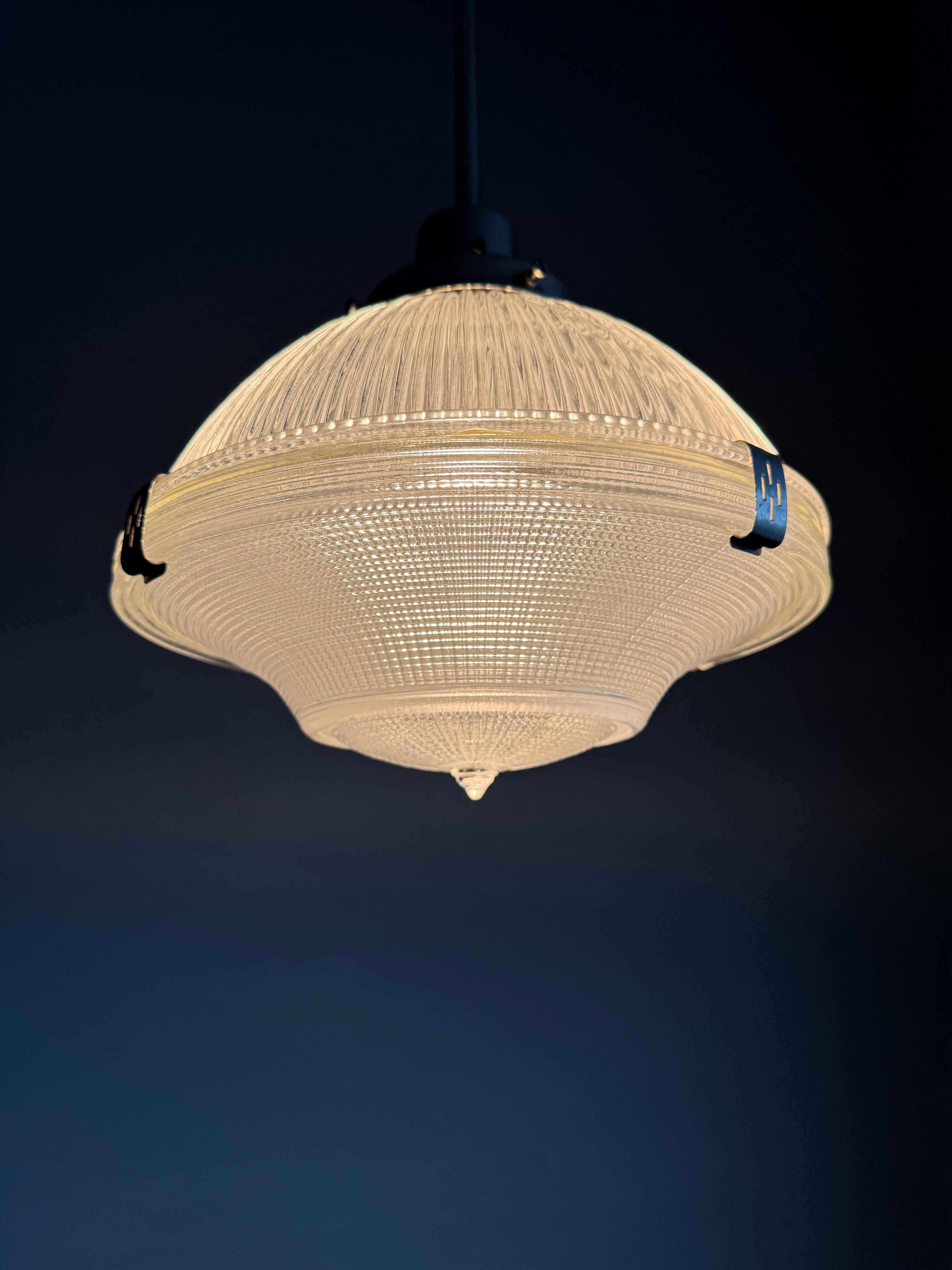 Midcentury M. Brass & Glass Holophane Art Deco Style Pendant Light, 5 Available For Sale 11