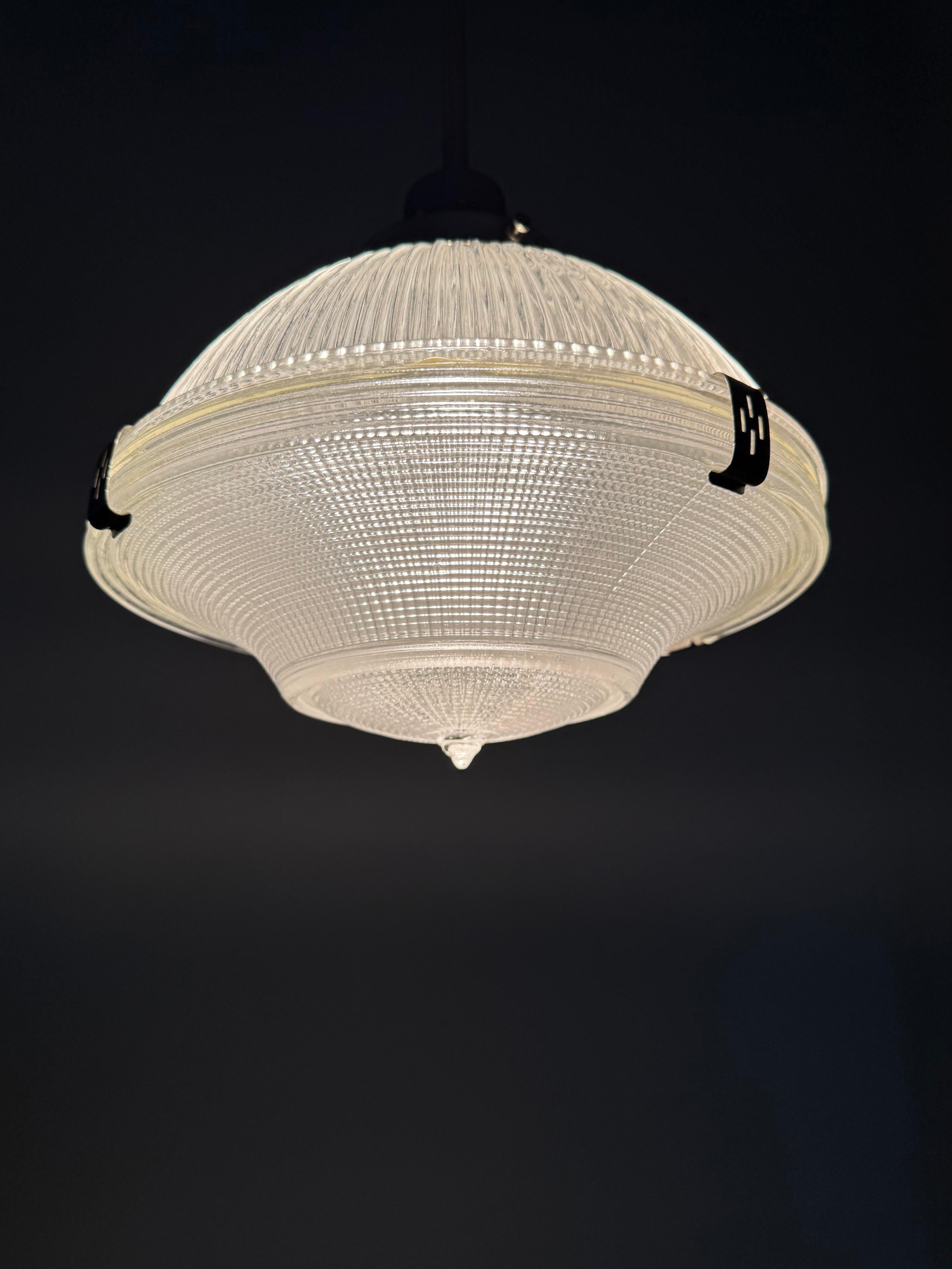 Midcentury M. Brass & Glass Holophane Art Deco Style Pendant Light, 5 Available For Sale 12