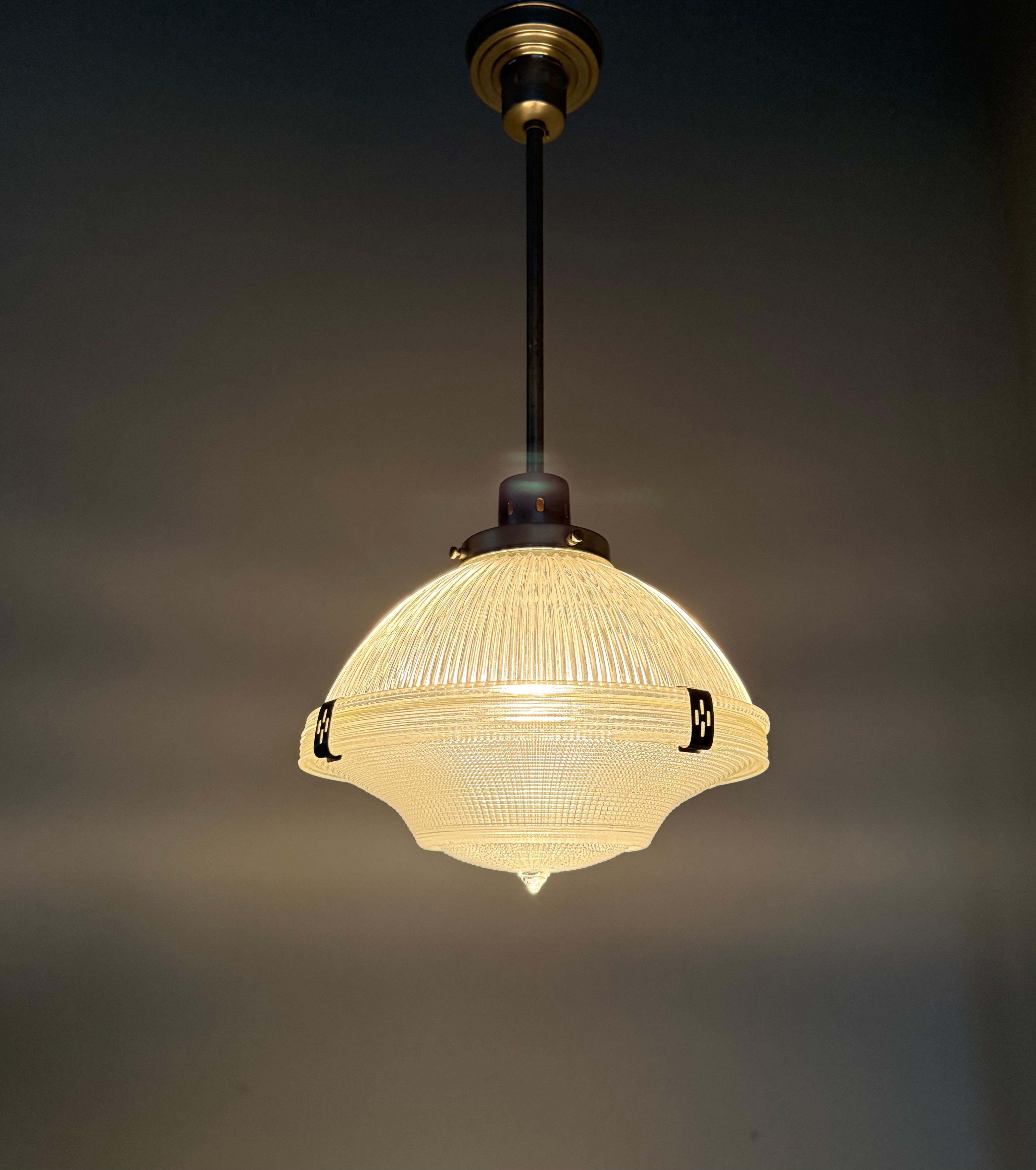 Midcentury M. Brass & Glass Holophane Art Deco Style Pendant Light, 5 Available For Sale 13