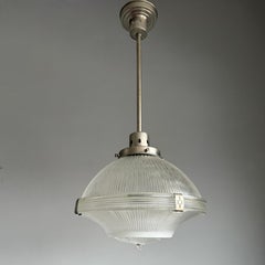 Midcentury M. Brass & Glass Holophane Art Deco Style Pendant Light, 5 Available