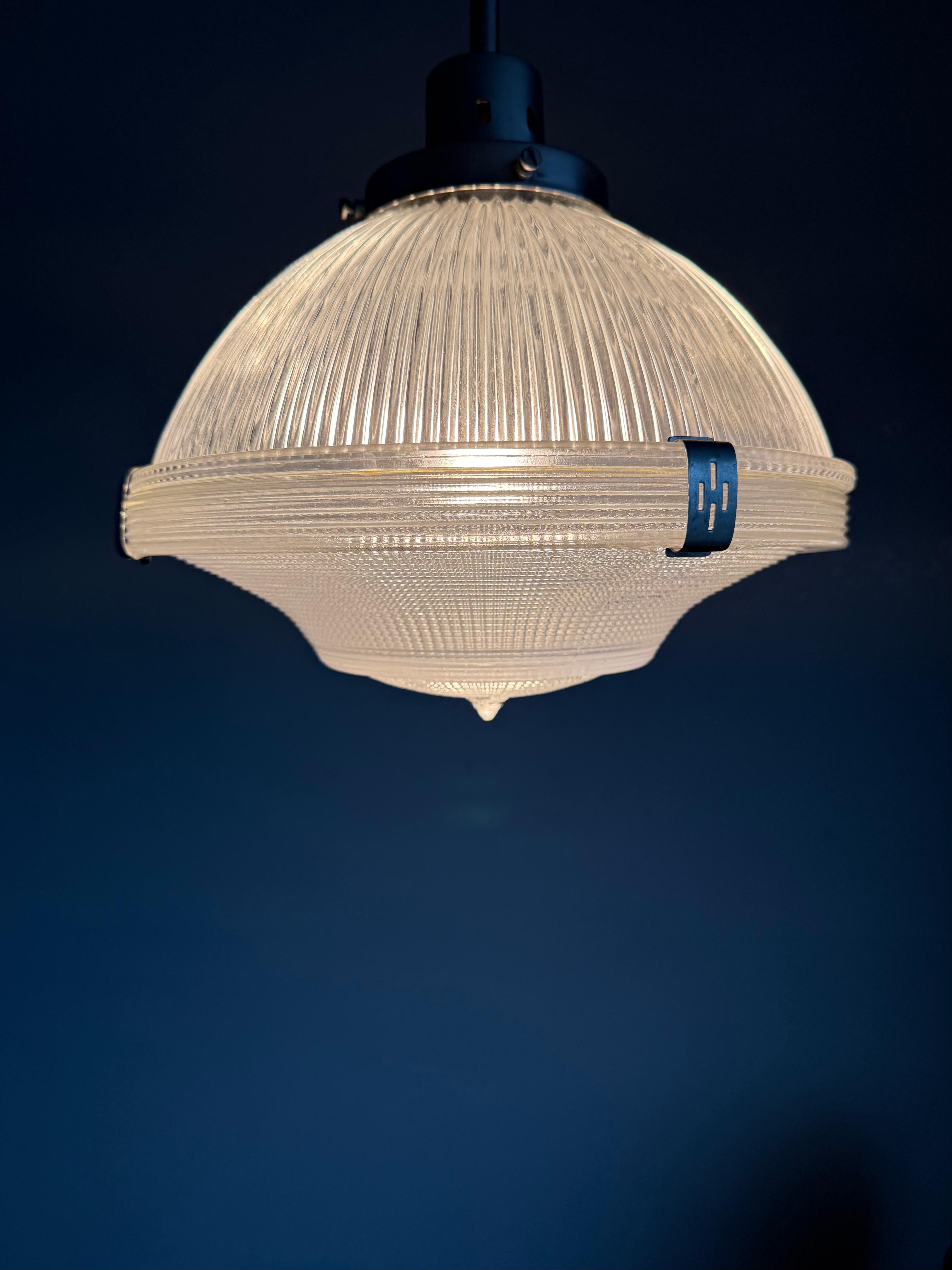 Midcentury M. Brass & Glass Holophane Art Deco Style Pendant Light, 5 Available For Sale 14