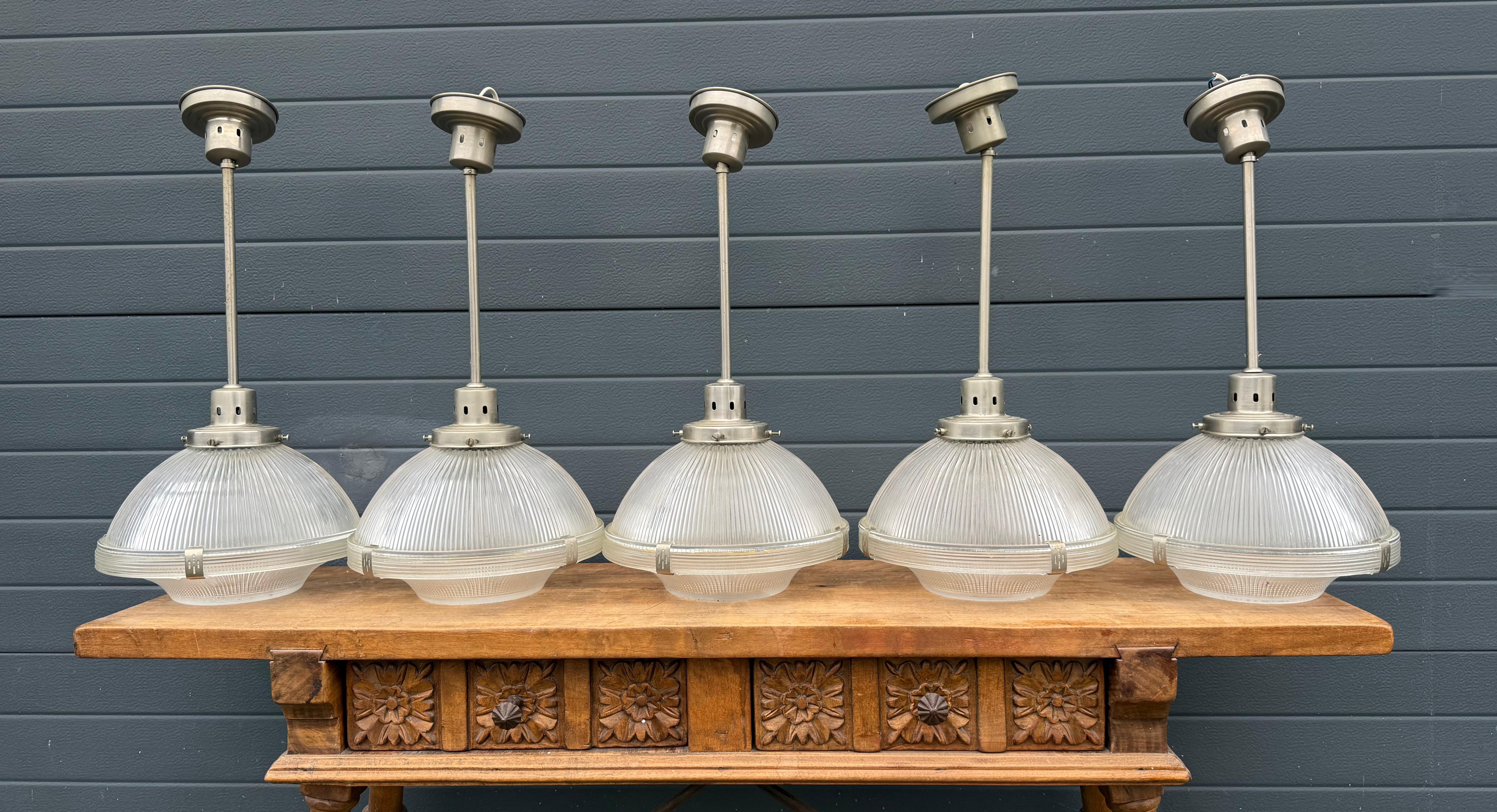 European Midcentury M. Brass & Glass Holophane Art Deco Style Pendant Light, 5 Available For Sale