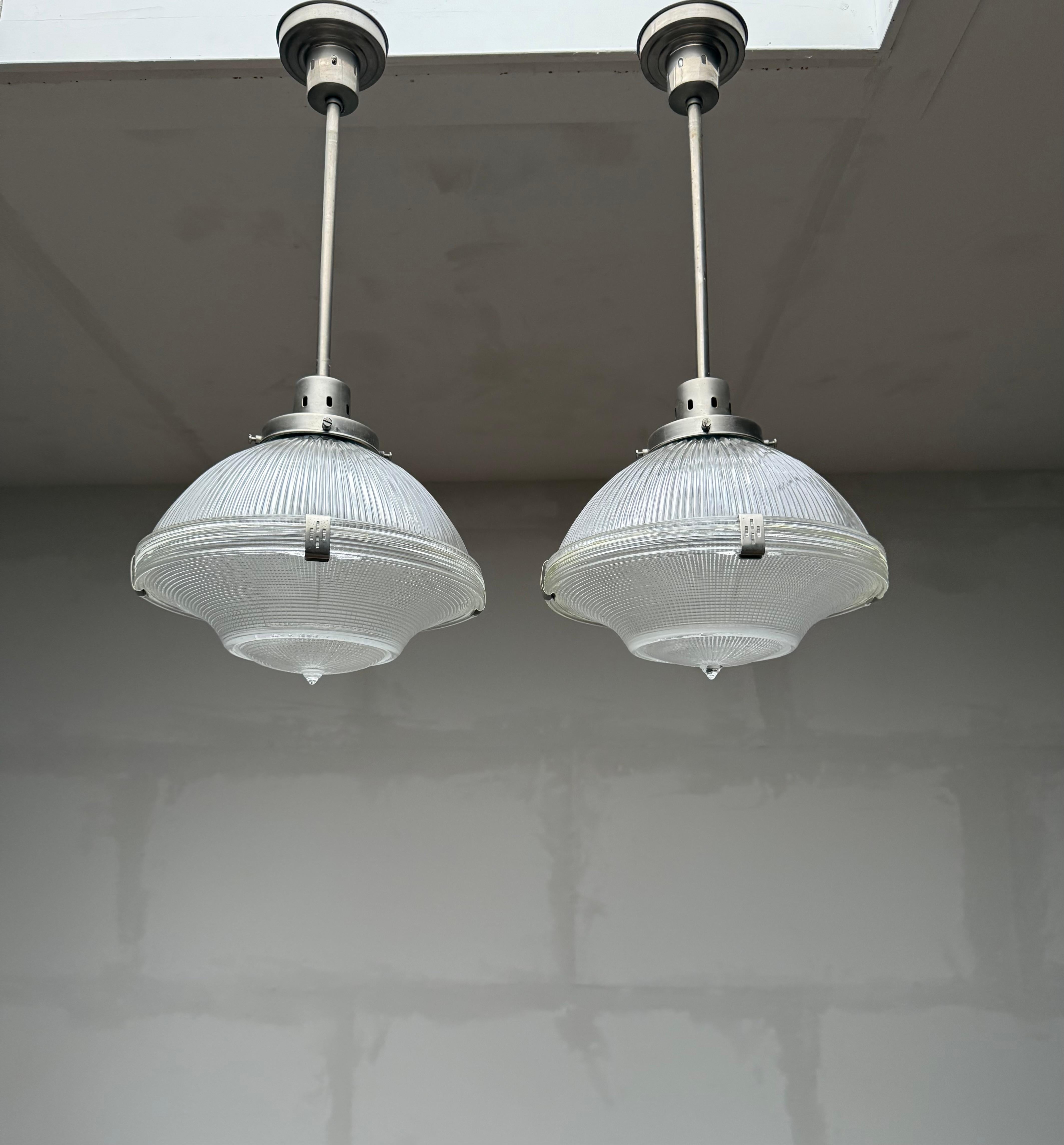 Cast Midcentury M. Brass & Glass Holophane Art Deco Style Pendant Light, 5 Available For Sale