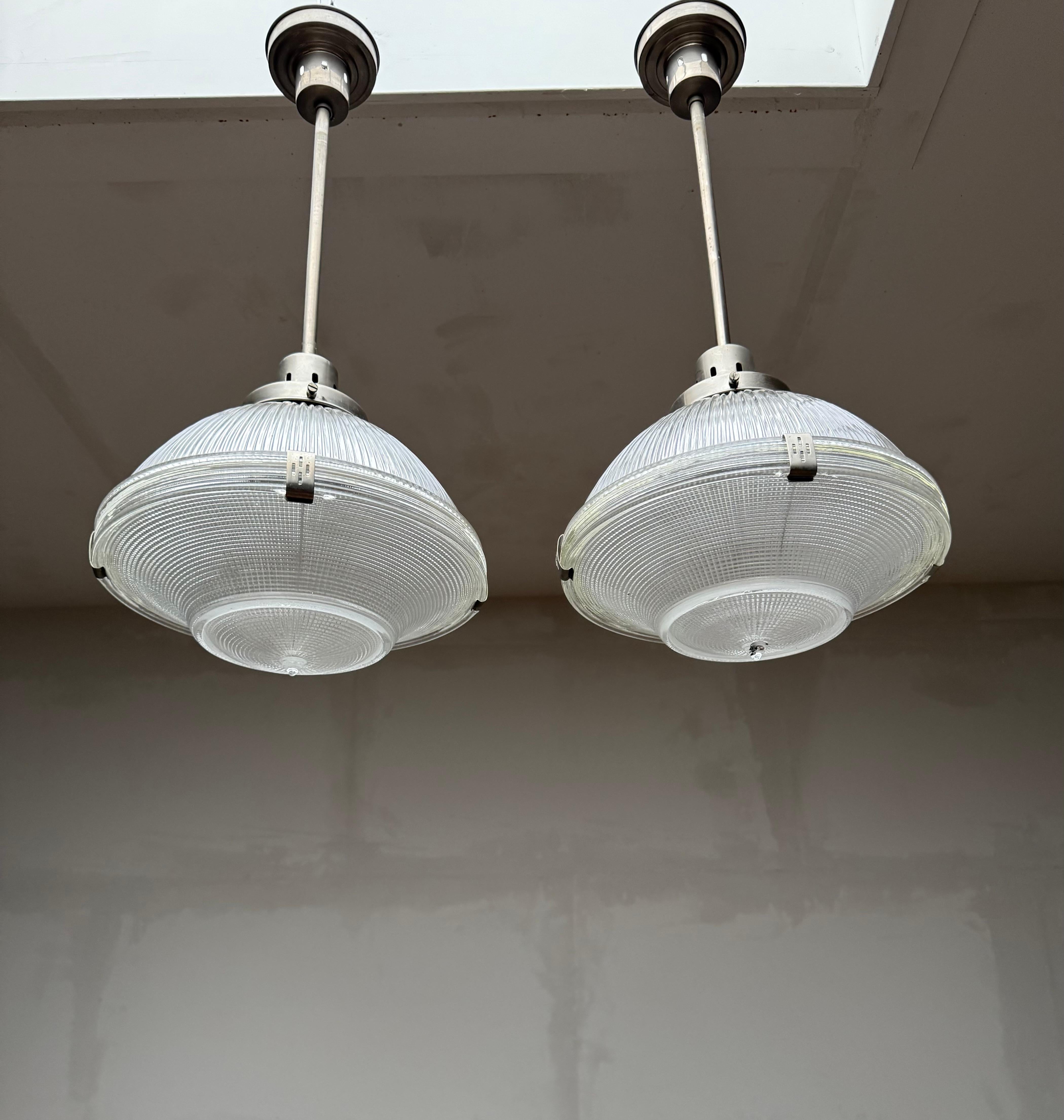 Midcentury M. Brass & Glass Holophane Art Deco Style Pendant Light, 5 Available In Good Condition For Sale In Lisse, NL