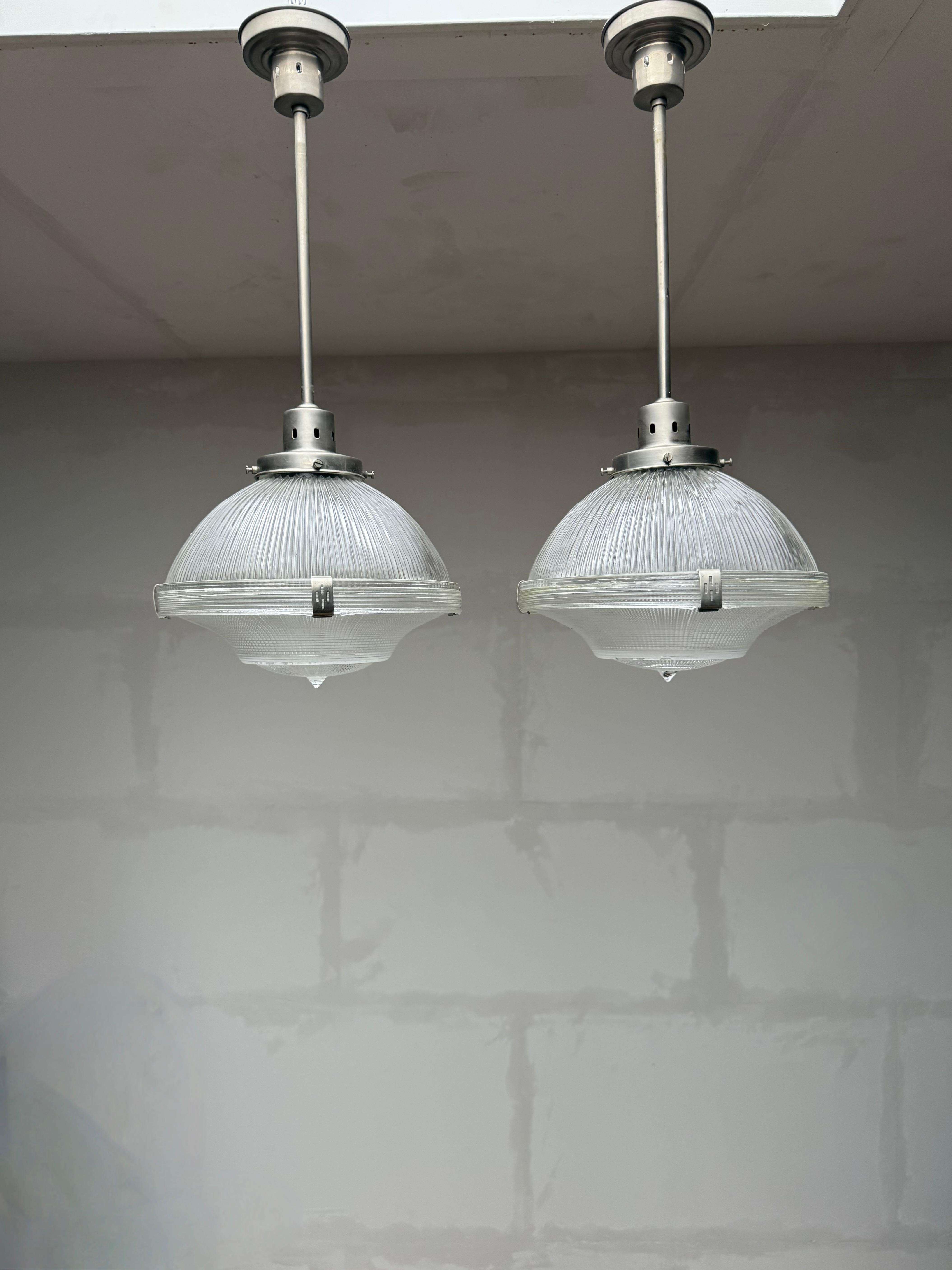 20th Century Midcentury M. Brass & Glass Holophane Art Deco Style Pendant Light, 5 Available For Sale