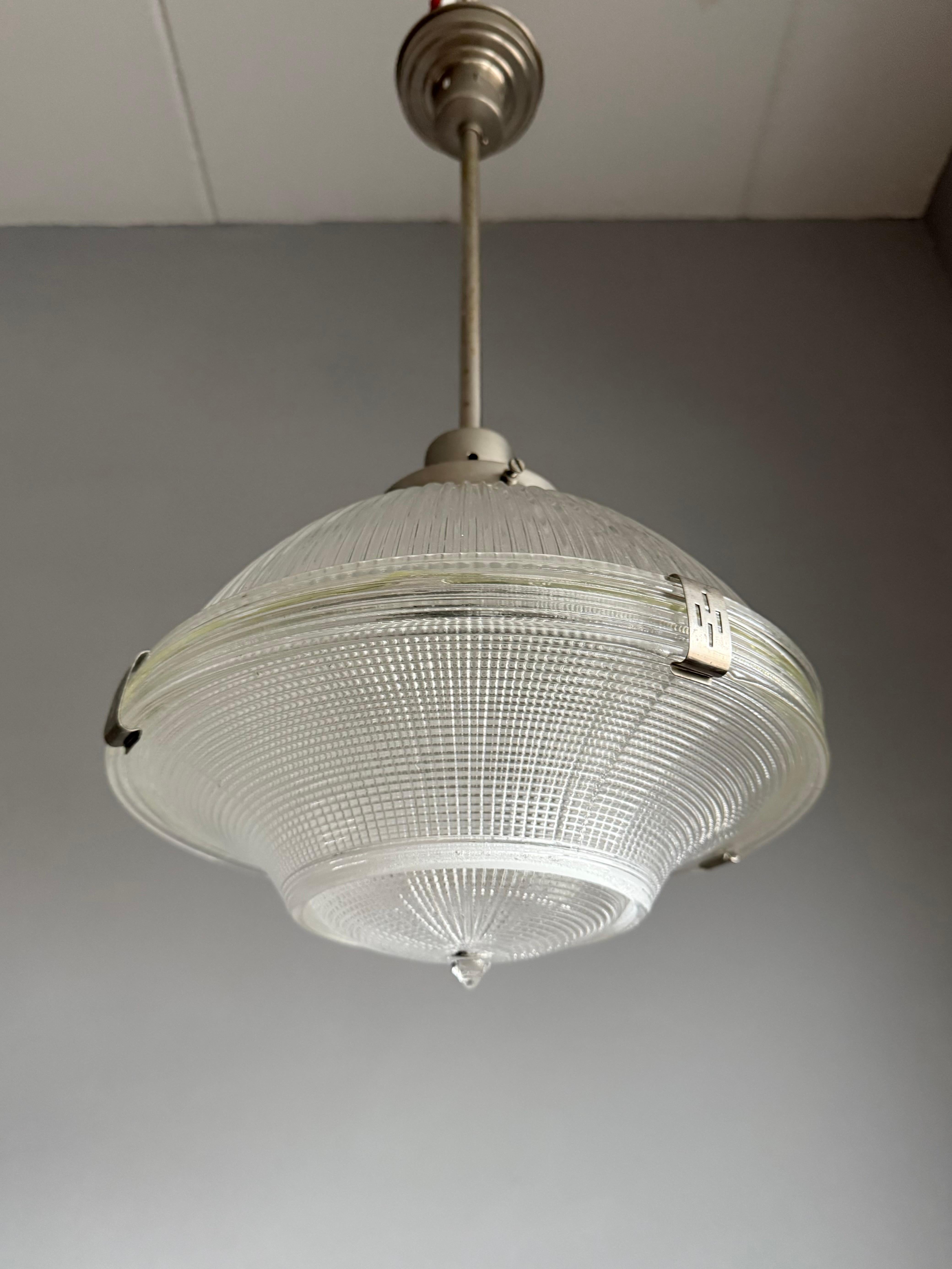 Midcentury M. Brass & Glass Holophane Art Deco Style Pendant Light, 5 Available For Sale 1