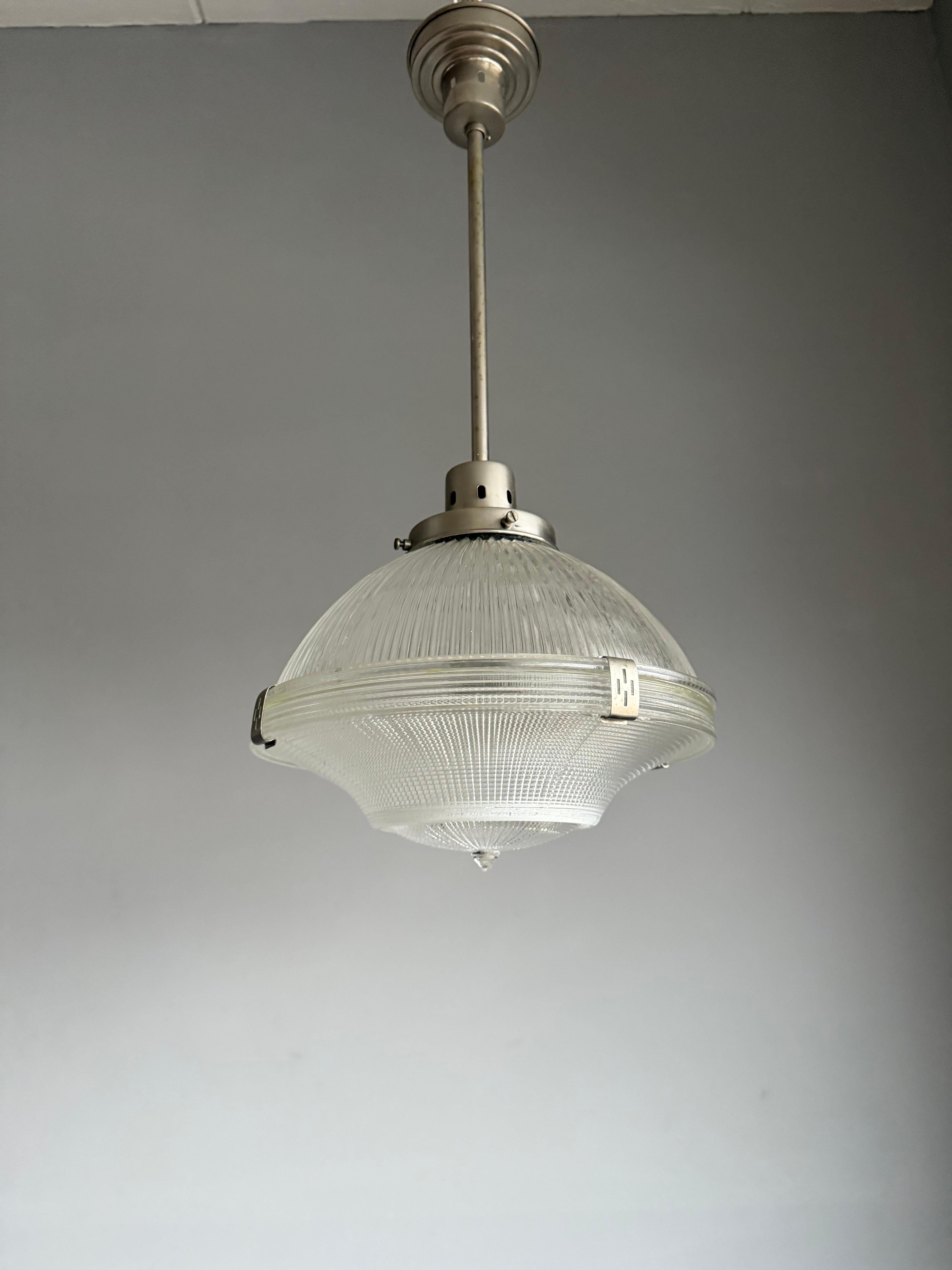 Midcentury M. Brass & Glass Holophane Art Deco Style Pendant Light, 5 Available For Sale 2