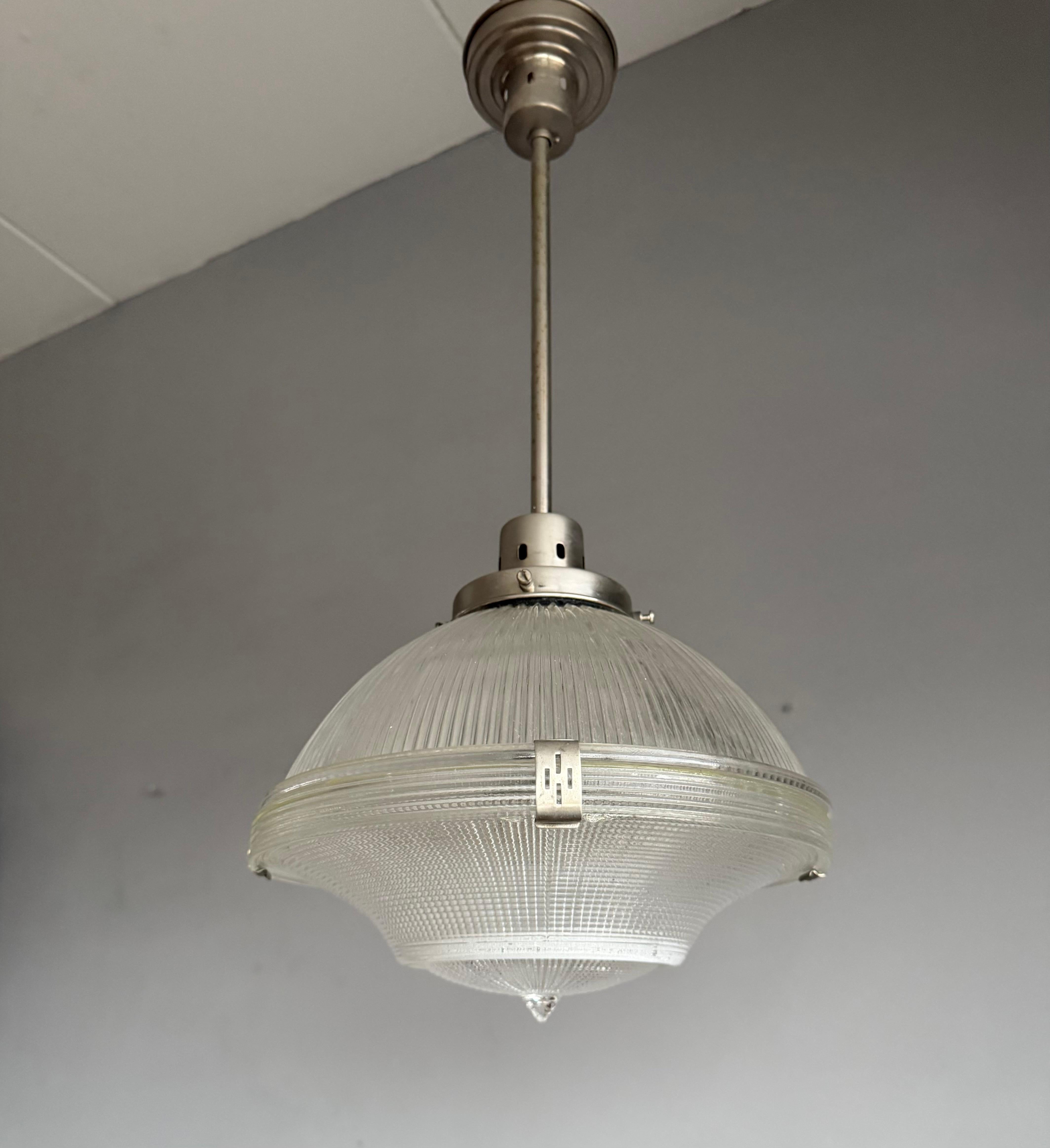 Midcentury M. Brass & Glass Holophane Art Deco Style Pendant Light, 5 Available For Sale 3