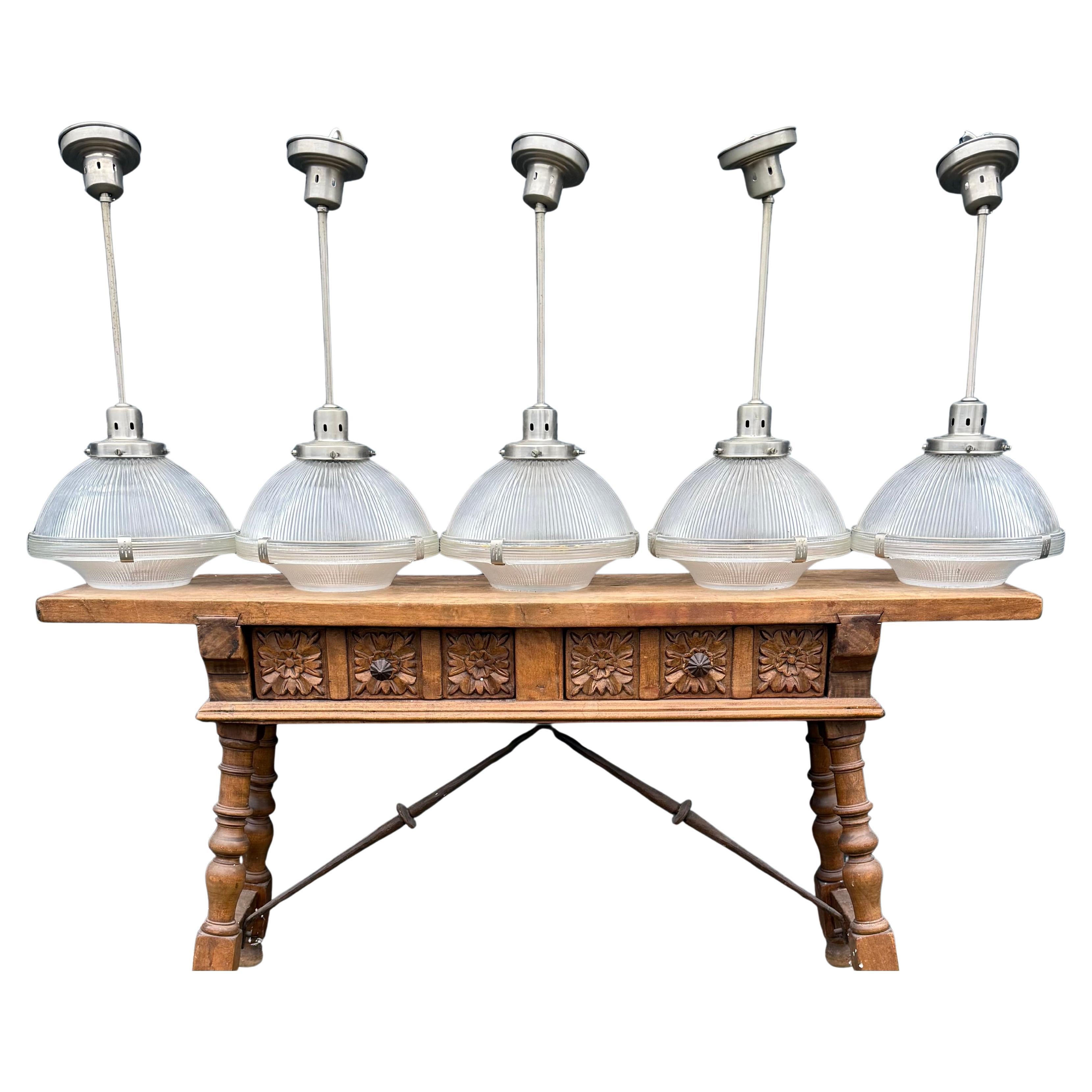 Midcentury M. Brass & Glass Holophane Art Deco Style Pendant Light, 5 Available For Sale