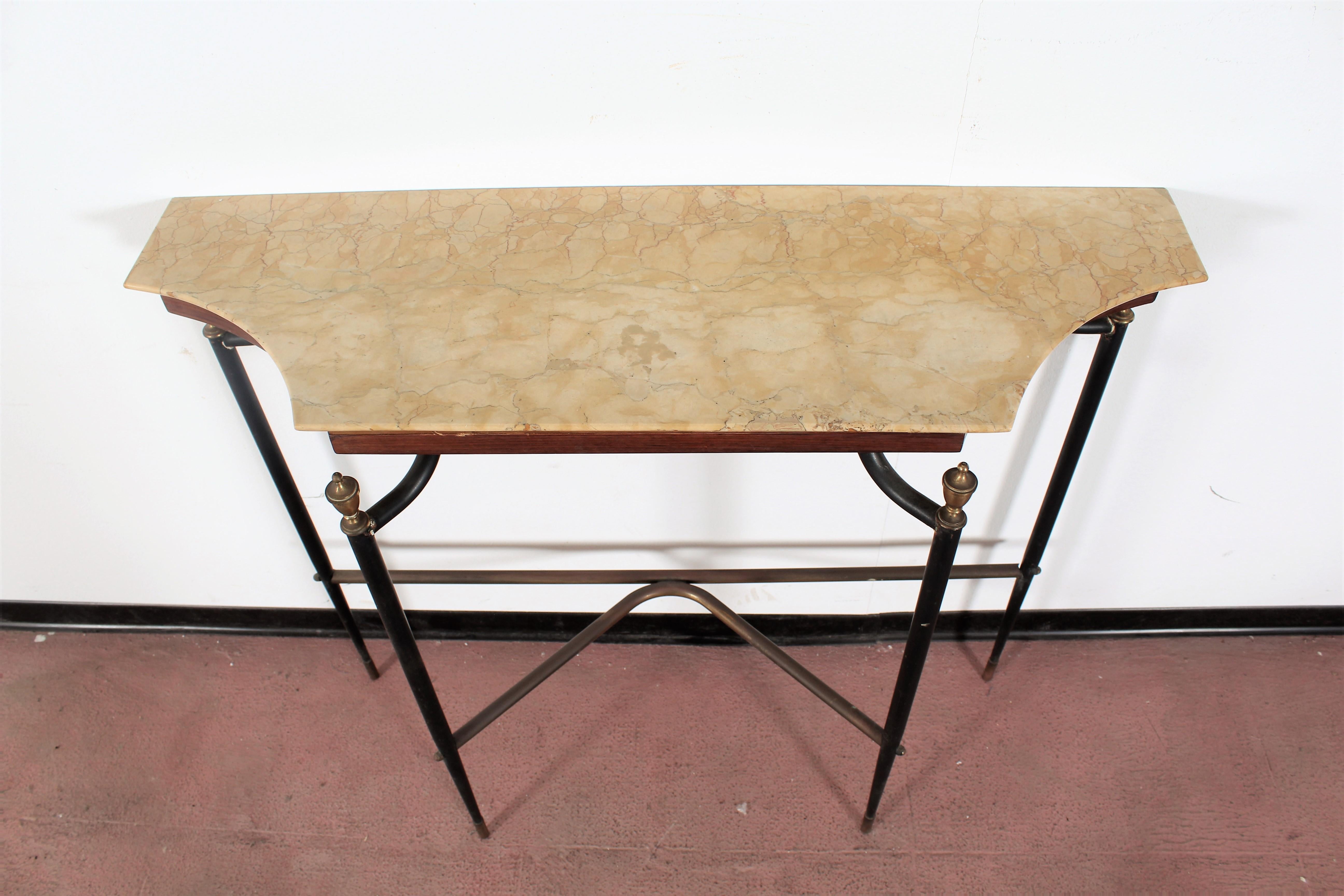 Midcentury M. Jansen Style Black Metal, Brass and Marble Console, 1960s, France 5
