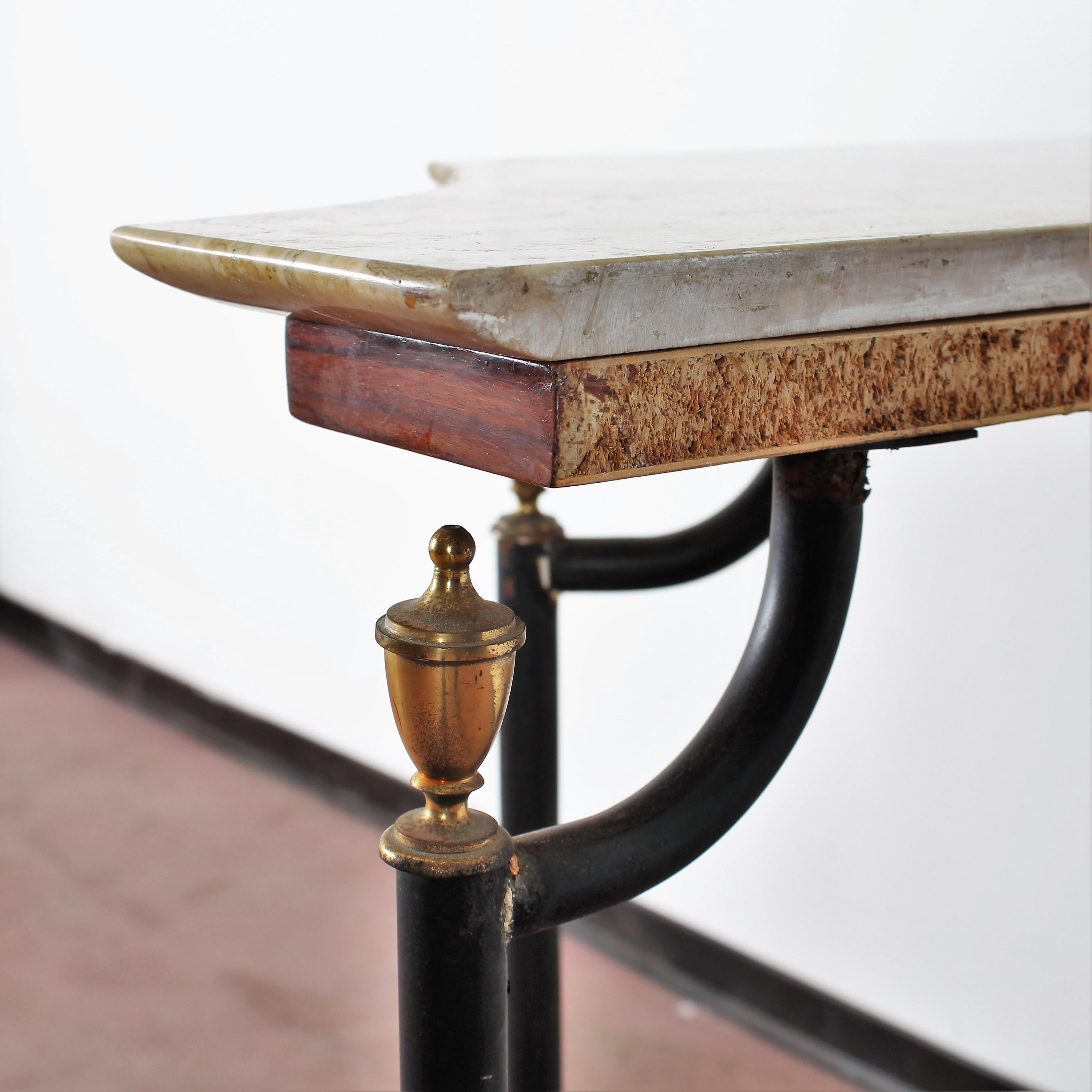 Midcentury M. Jansen Style Black Metal, Brass and Marble Console, 1960s, France 10
