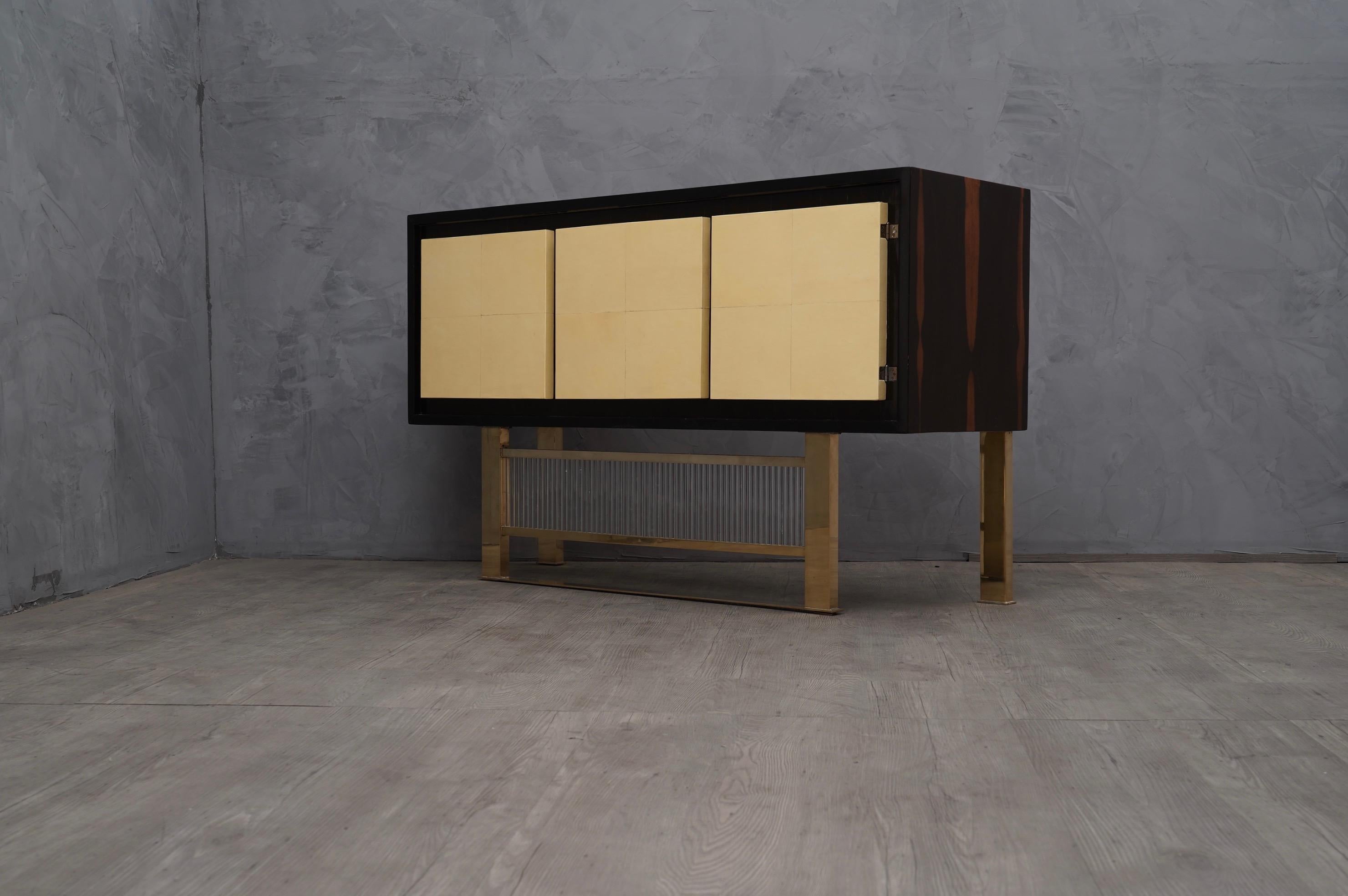 Midcentury Walnut Goat Skin Brass and Glass Italian Sideboards, 1950 In Good Condition In Rome, IT