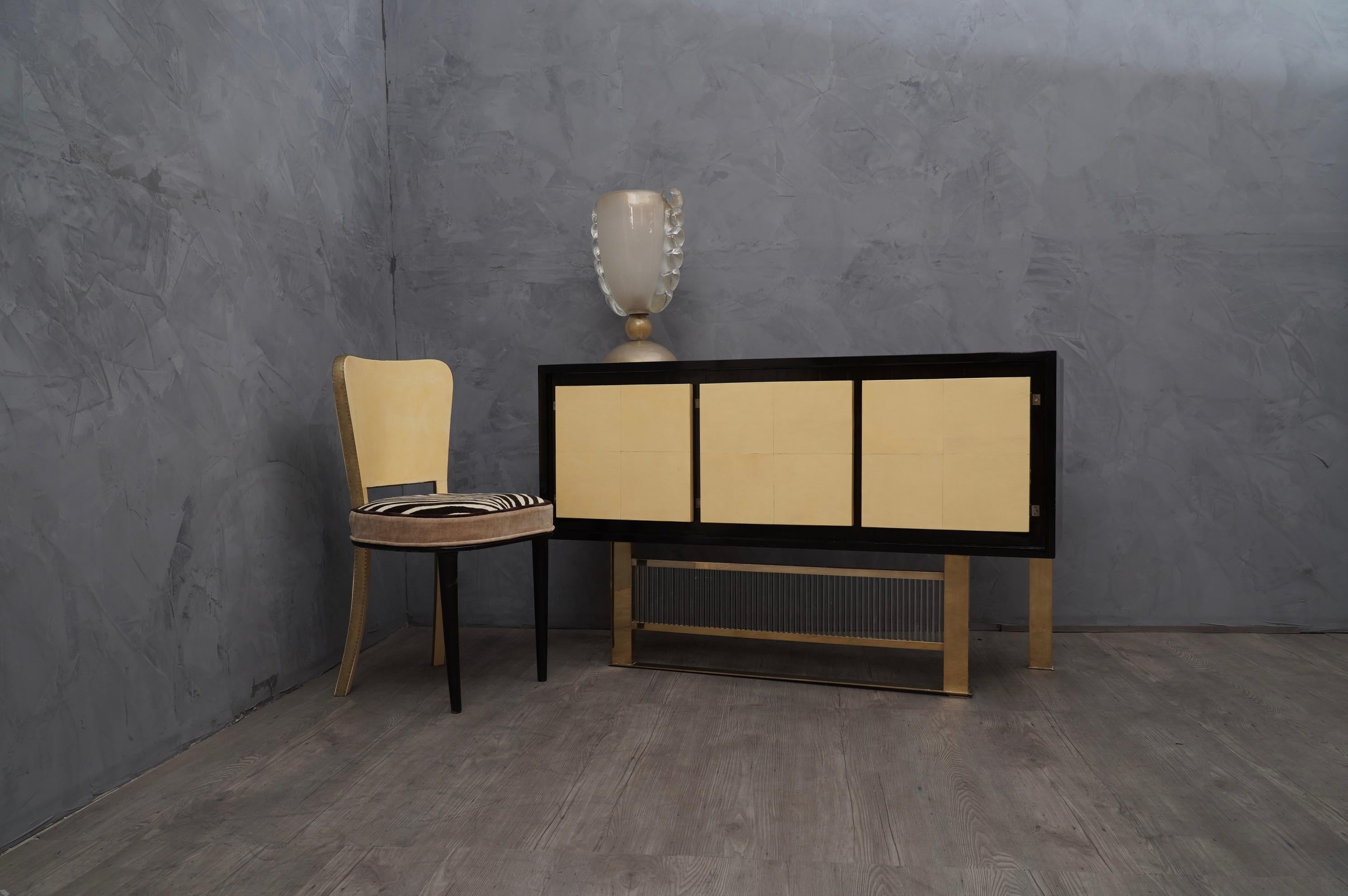 Midcentury Walnut Goat Skin Brass and Glass Italian Sideboards, 1950 2