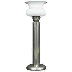Midcentury Machine Age Nickel and Milk Glass Torchiere Table Lamp
