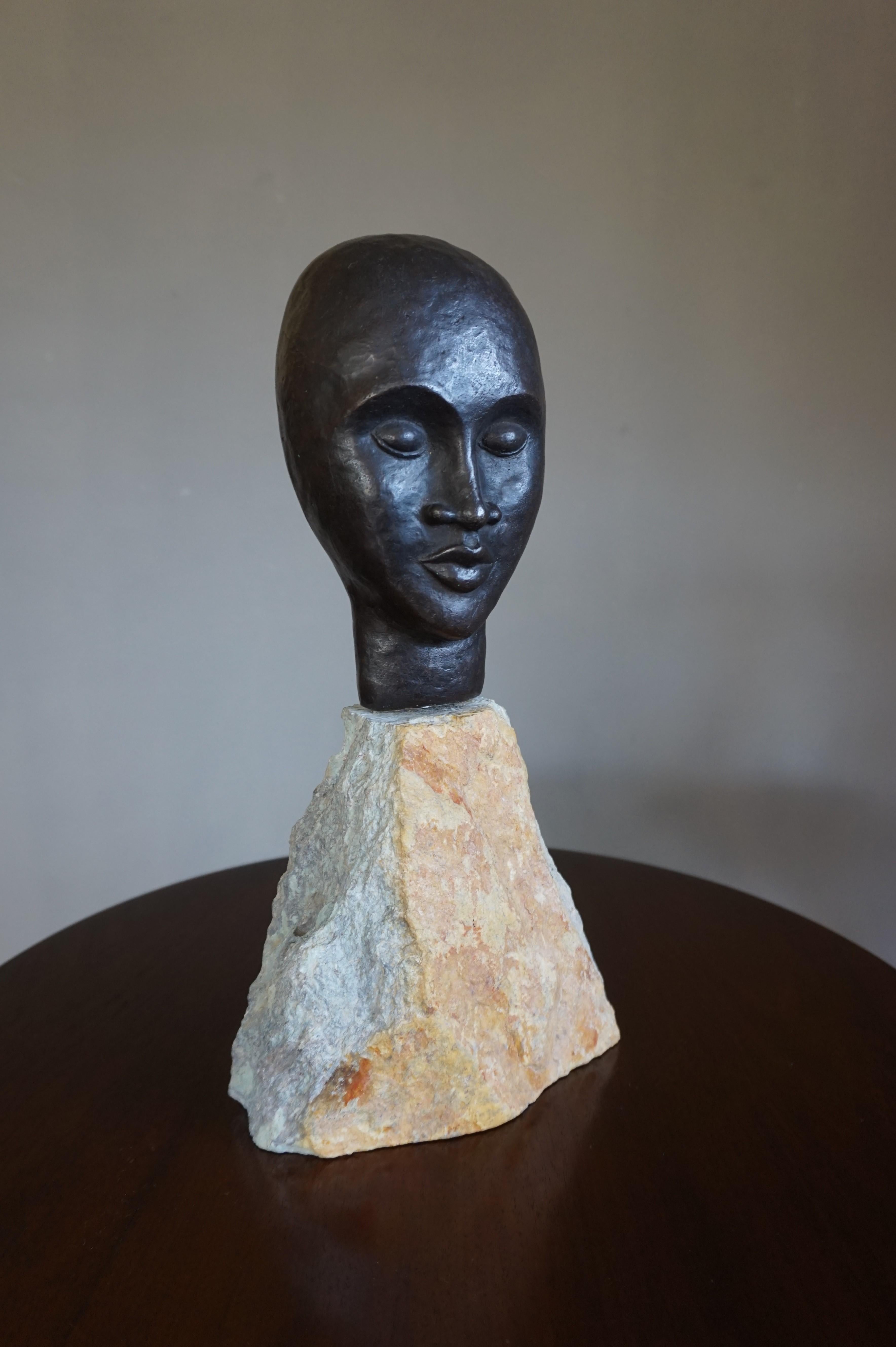 Midcentury Made Bronze Sculpture of a Serene African Male on a Limestone Base For Sale 6