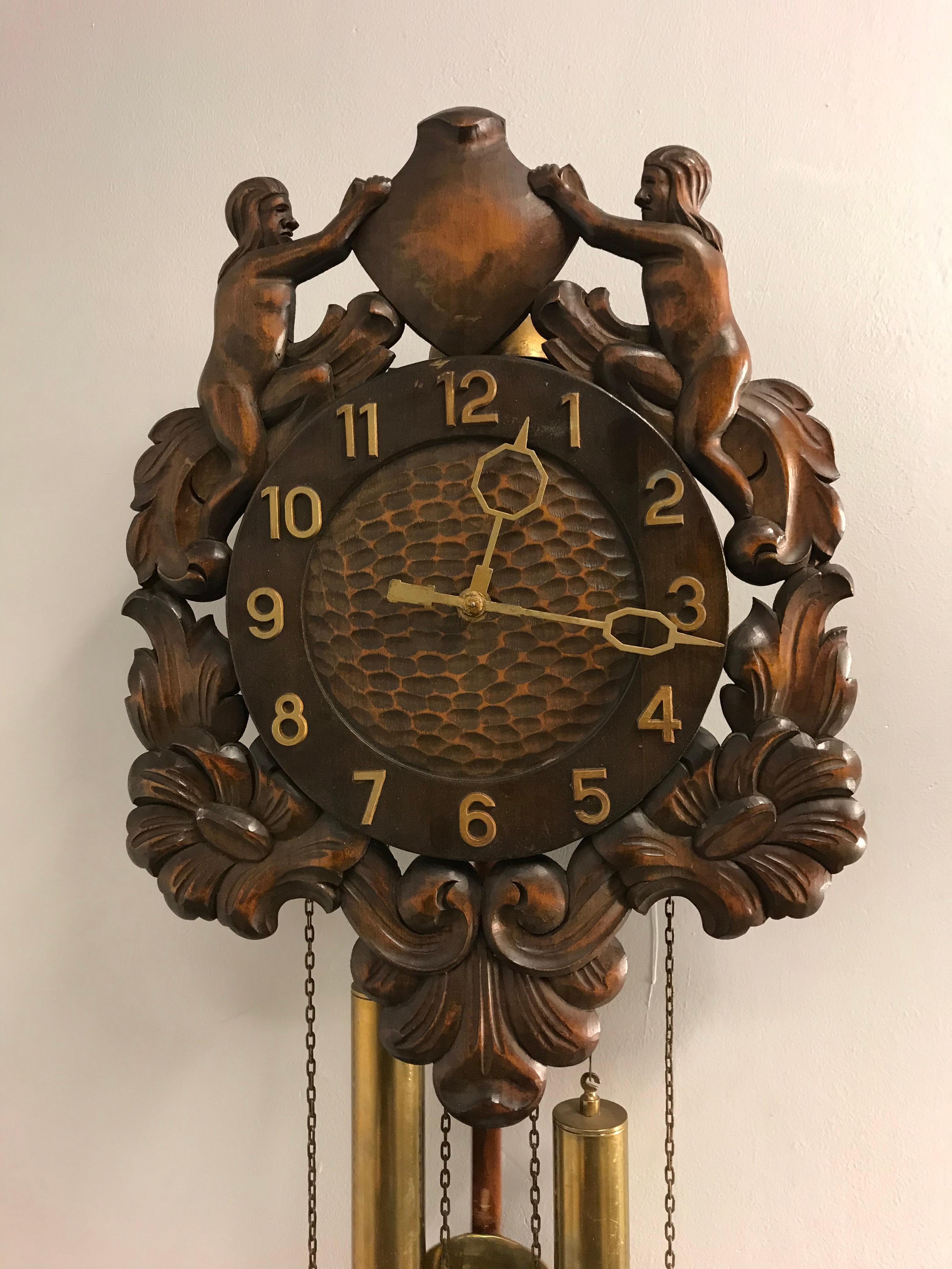Unique Denmark Made Classical Roman Wall Clock with Sculptures and Flowers For Sale 2