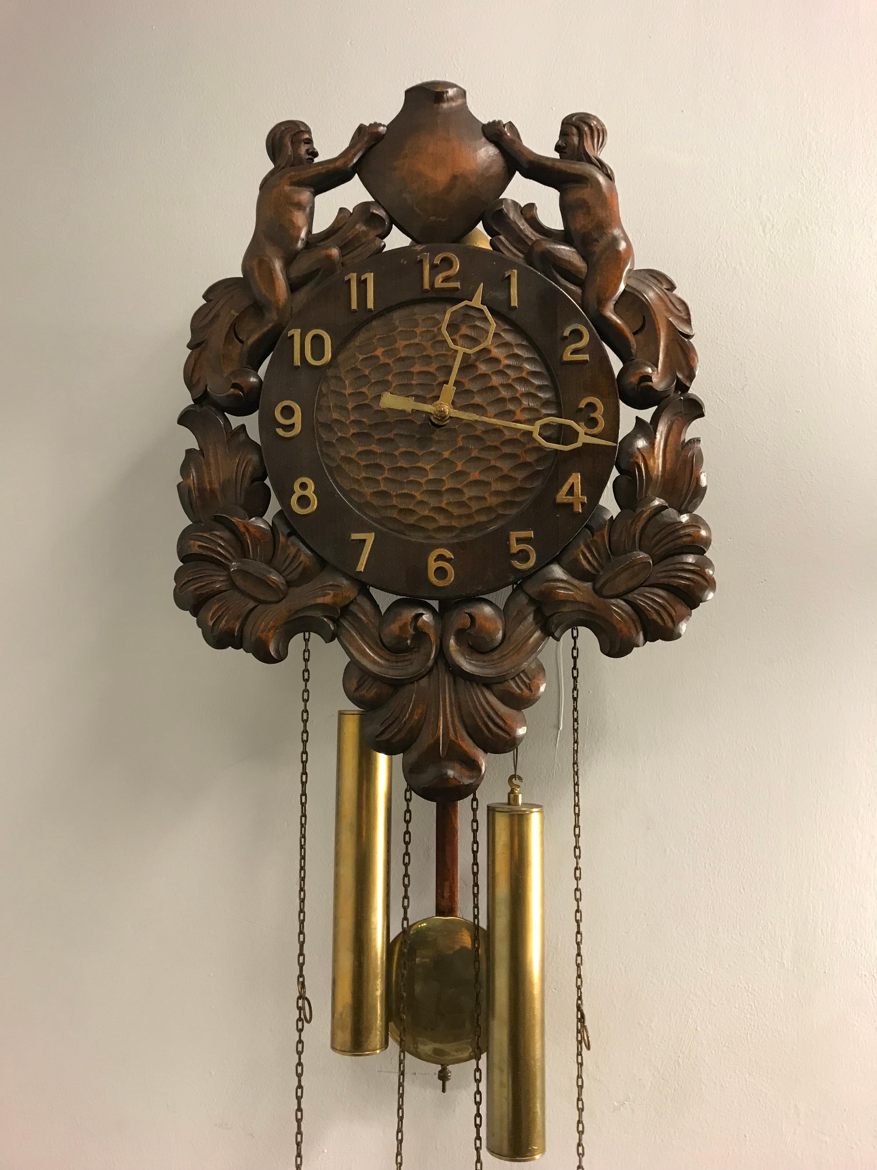 Unique Denmark Made Classical Roman Wall Clock with Sculptures and Flowers For Sale 3