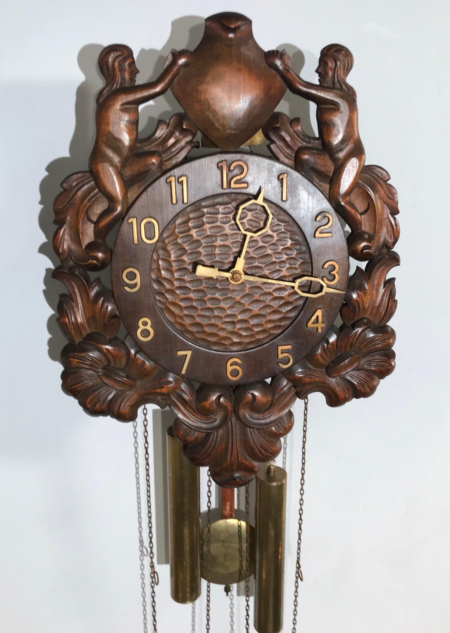 Unique Denmark Made Classical Roman Wall Clock with Sculptures and Flowers For Sale 4