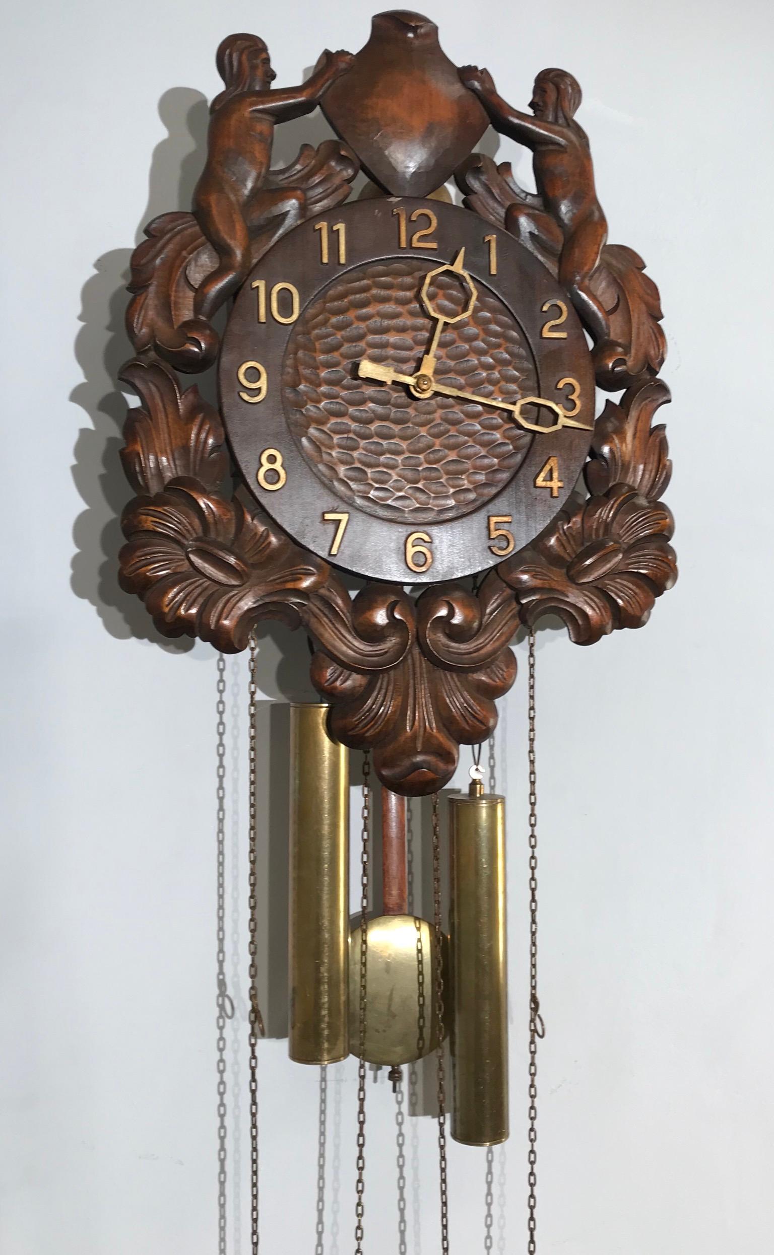Unique Denmark Made Classical Roman Wall Clock with Sculptures and Flowers For Sale 5