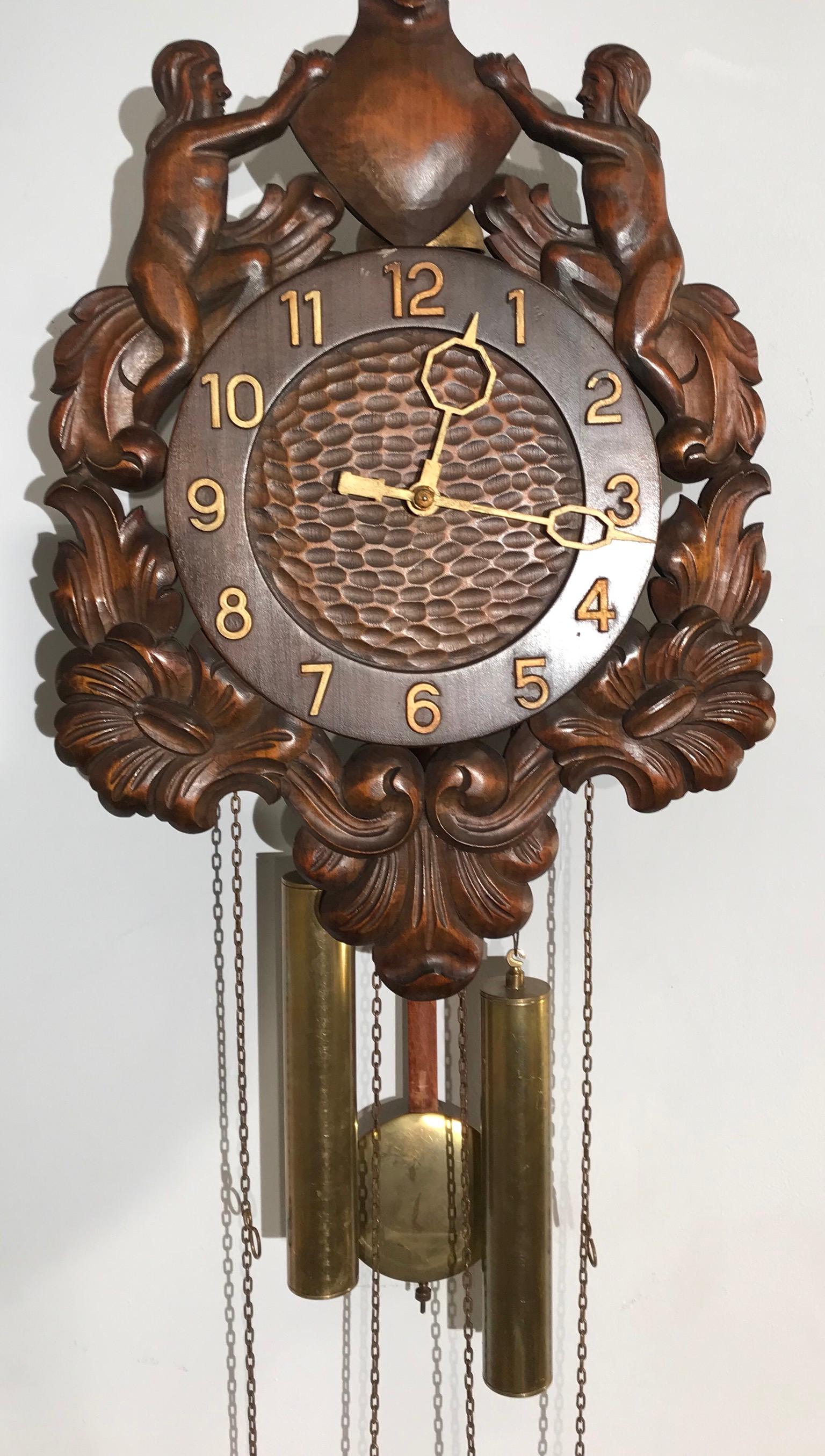 Unique Denmark Made Classical Roman Wall Clock with Sculptures and Flowers For Sale 9