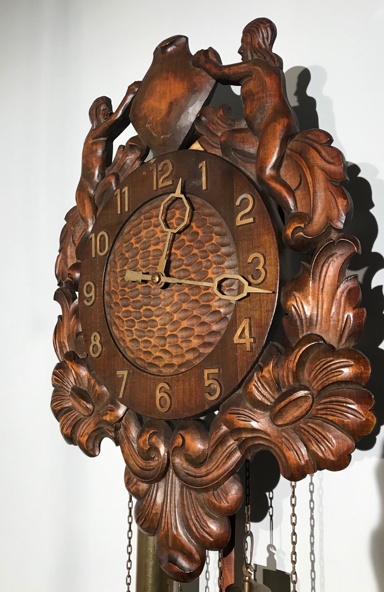 Unique Denmark Made Classical Roman Wall Clock with Sculptures and Flowers For Sale 11