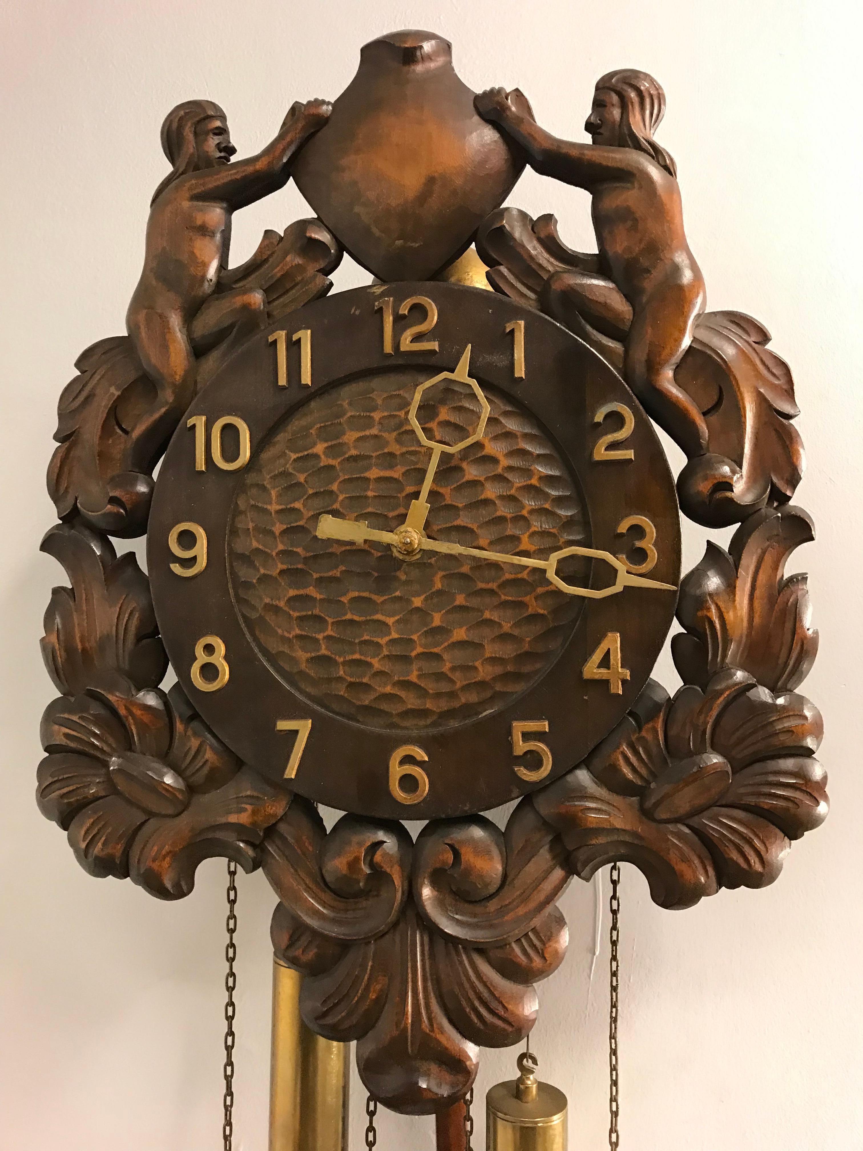 Hand-Crafted Unique Denmark Made Classical Roman Wall Clock with Sculptures and Flowers For Sale