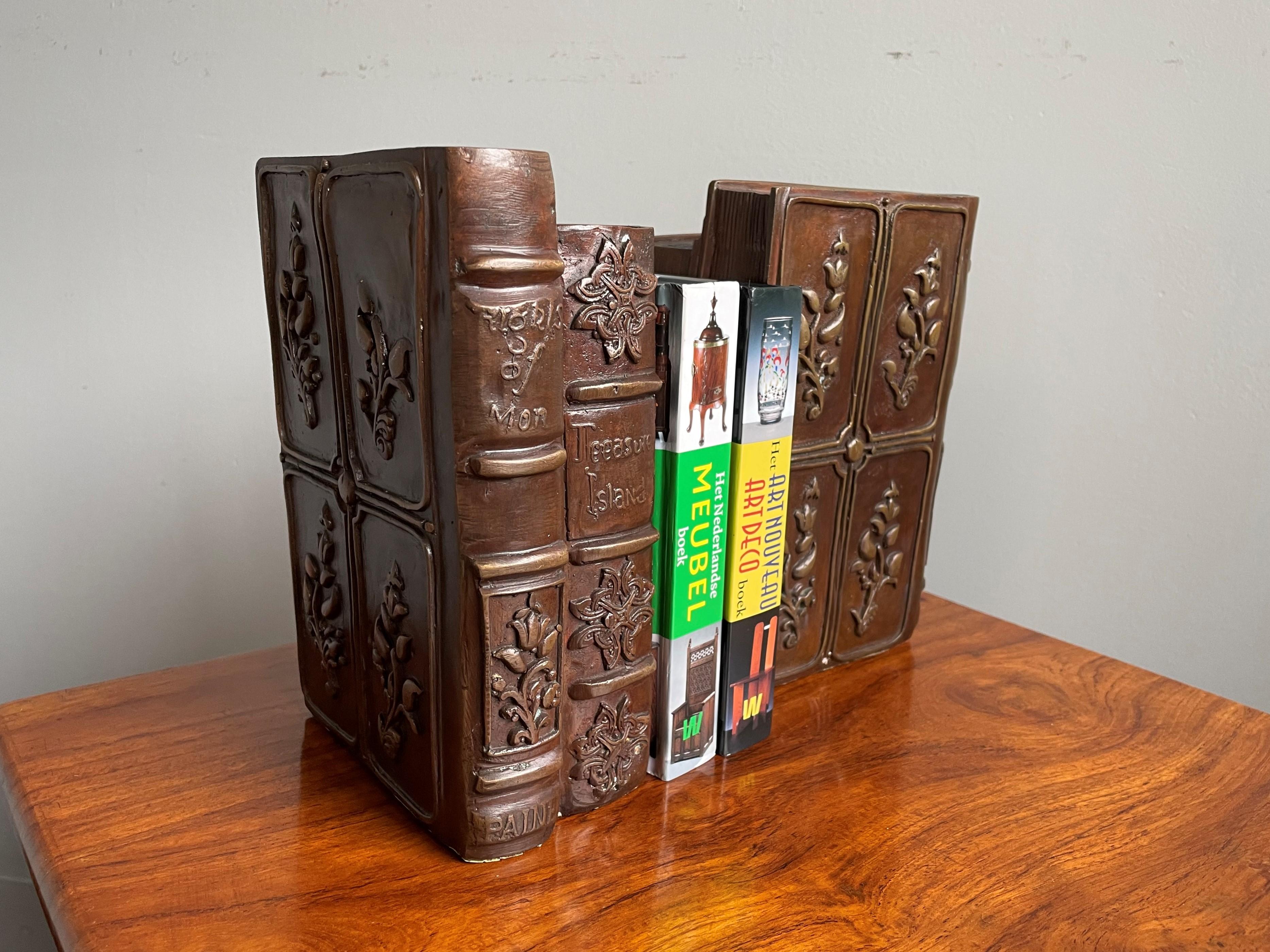 European Mid-Century Made Heavy Bronze Classic Novel Book Shaped Bookends Treasure Island For Sale